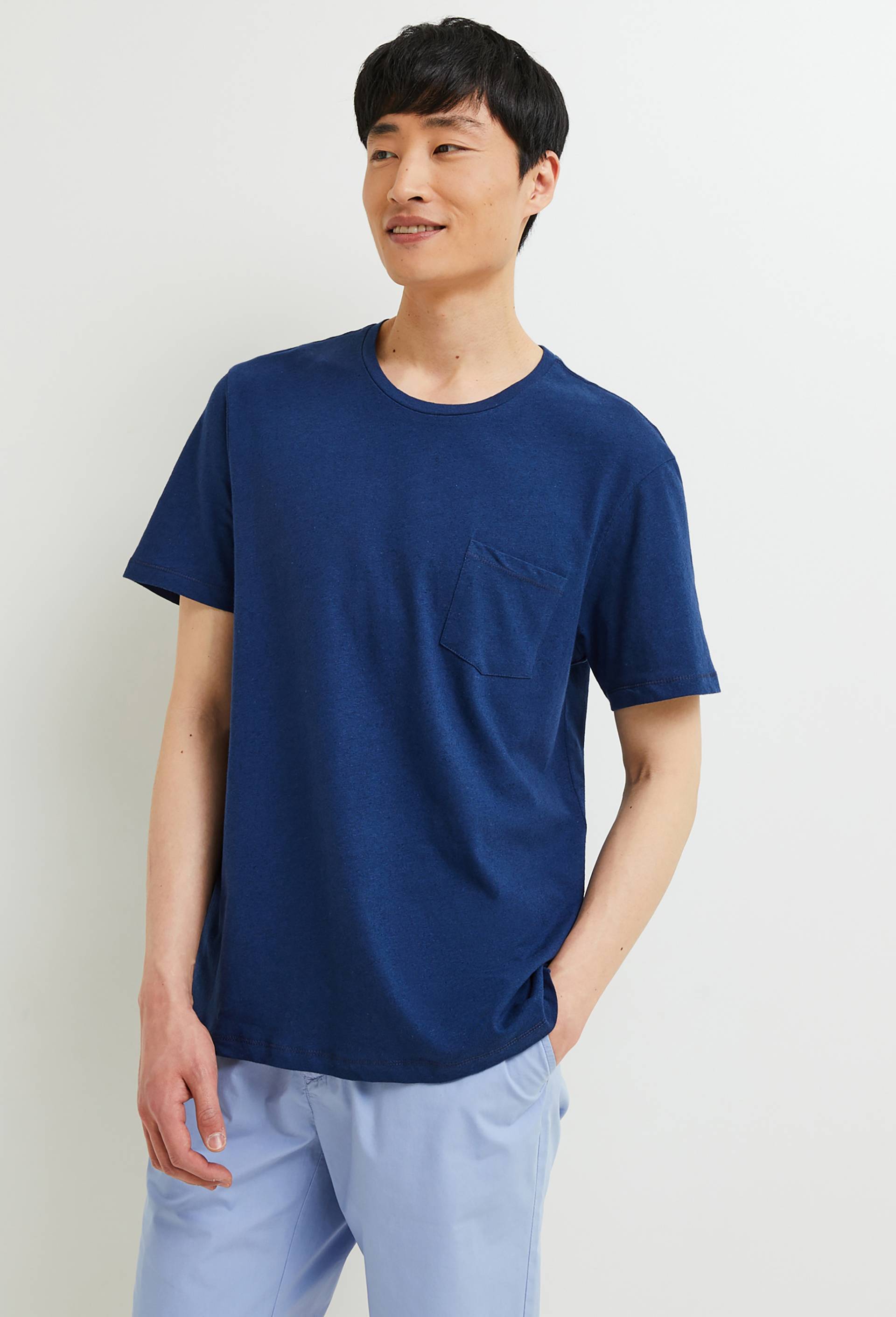 T-shirt manches courtes en mélange coton lin, Bleu foncé, large image number 0.0