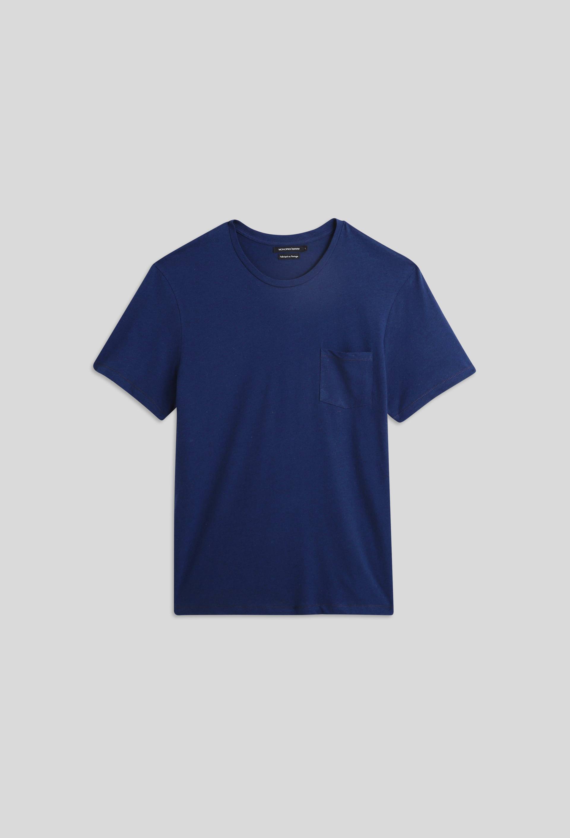 T-shirt manches courtes en mélange coton lin, Bleu foncé, large image number 2.0