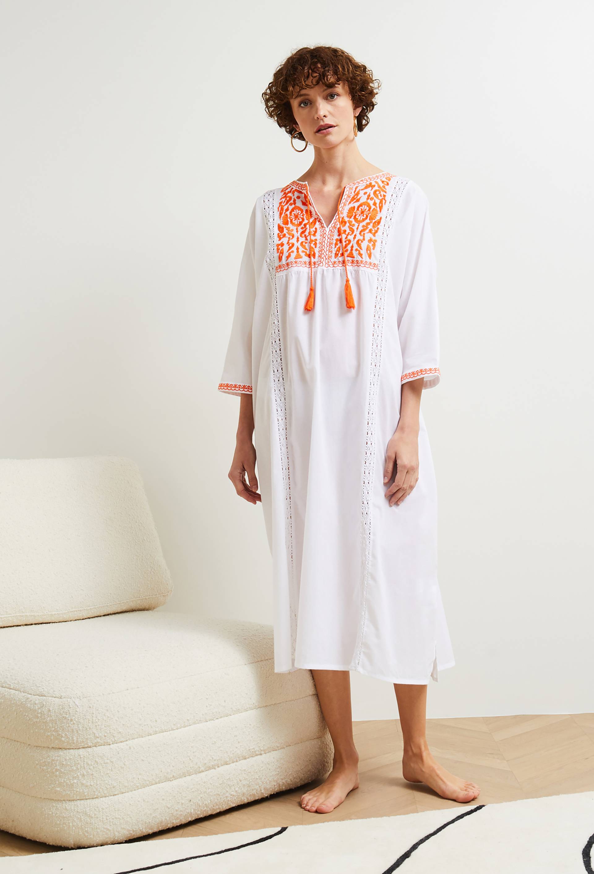 Chemise de nuit brodée en voile de coton, Bio, Blanc, large image number 1