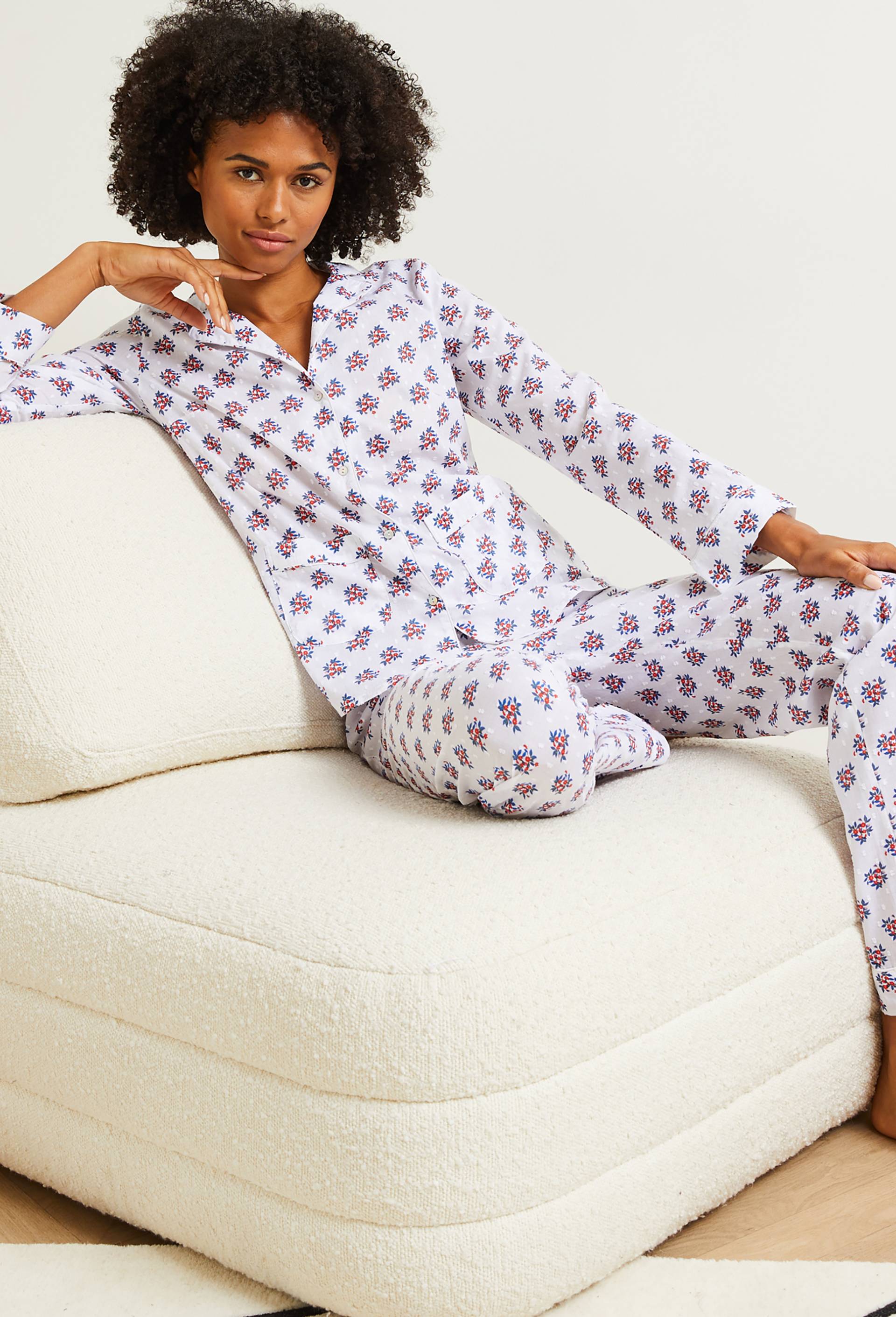 Pyjama col tailleur imprimé en coton plumetis, Bio, Ecru, large image number 0