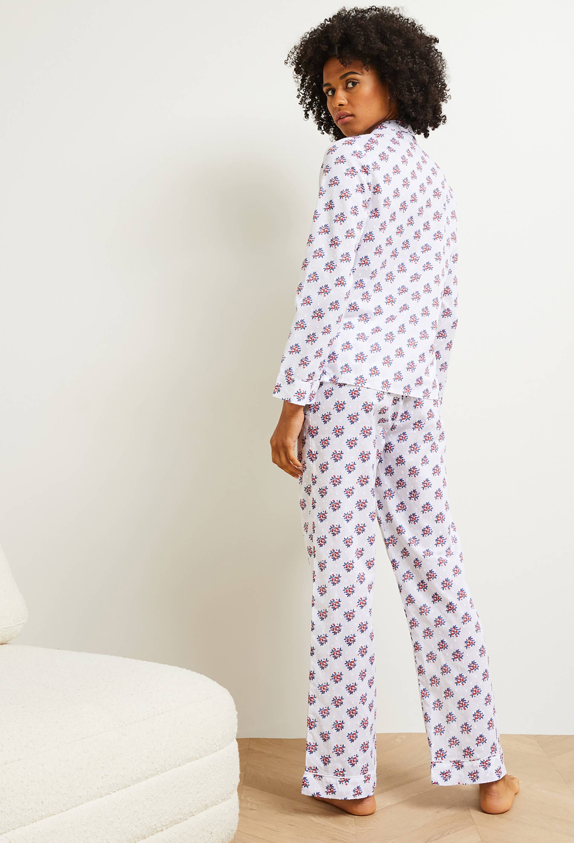 Pyjama col tailleur imprimé en coton plumetis, Bio, Ecru, large image number 1