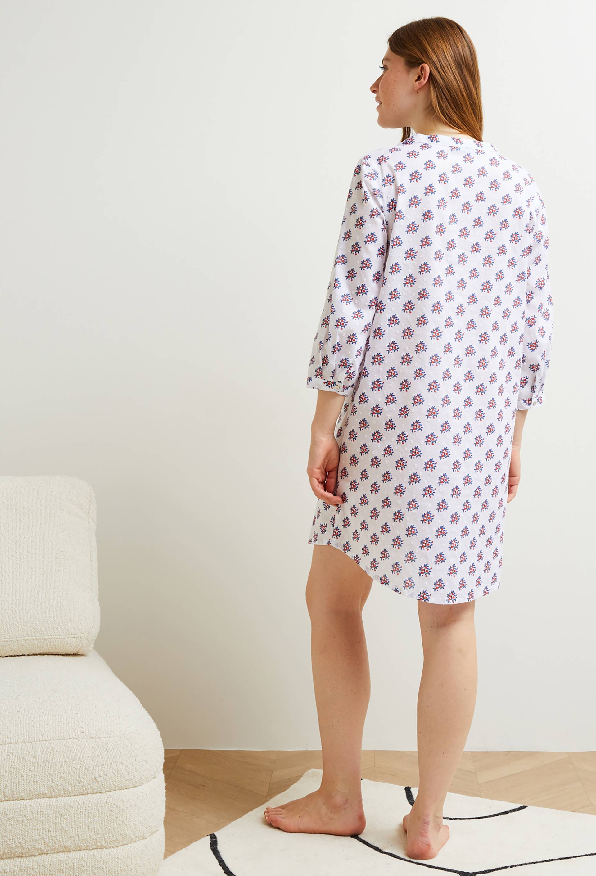 Chemise de nuit manches 3/4 imprimée en coton plumetis, Bio, Blanc, large image number 1