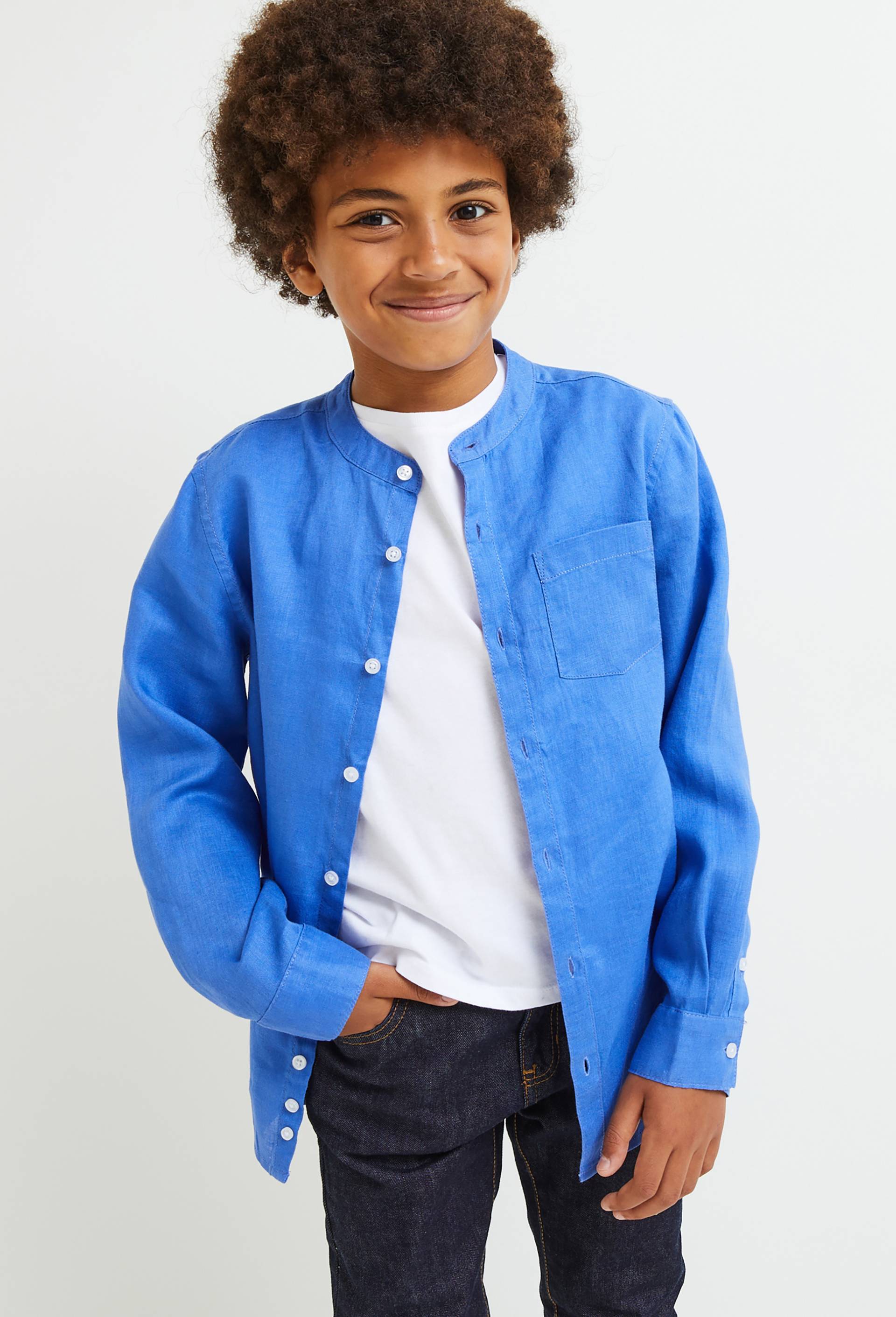 Chemise col mao unie en 100% lin, BLEU, large image number 0