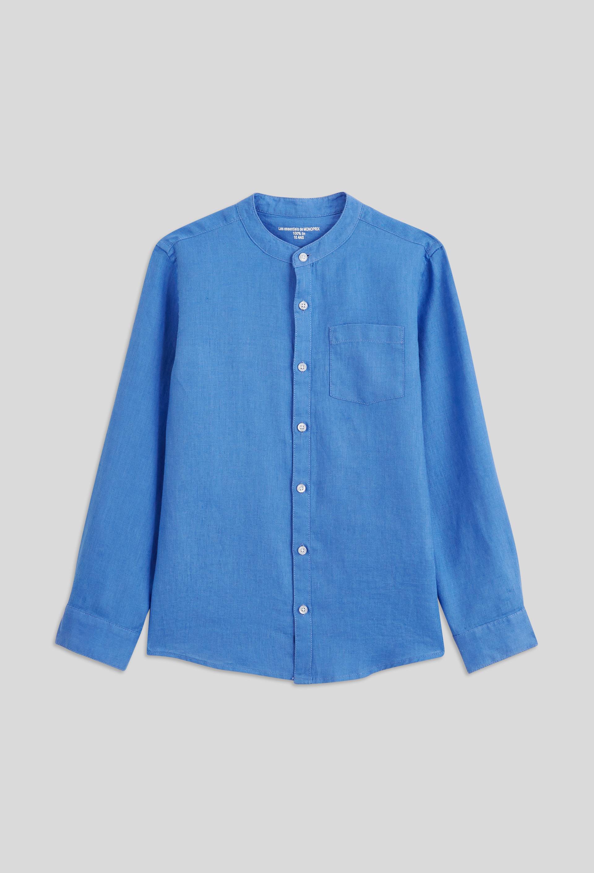 Chemise col mao unie en 100% lin, BLEU, large image number 1