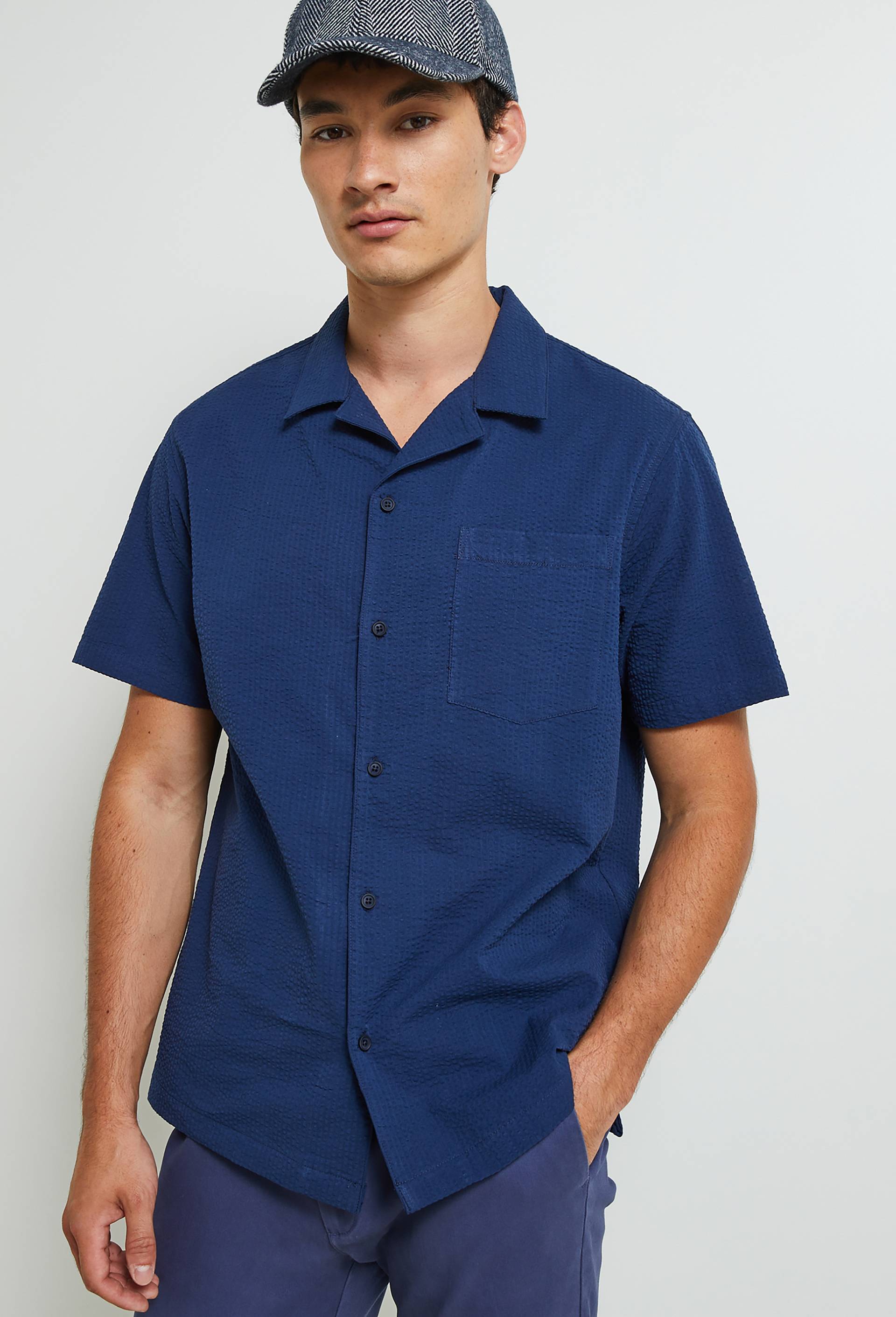 Chemise manches courtes en seersucker, Bleu fonc&eacute;, large image number 1.0