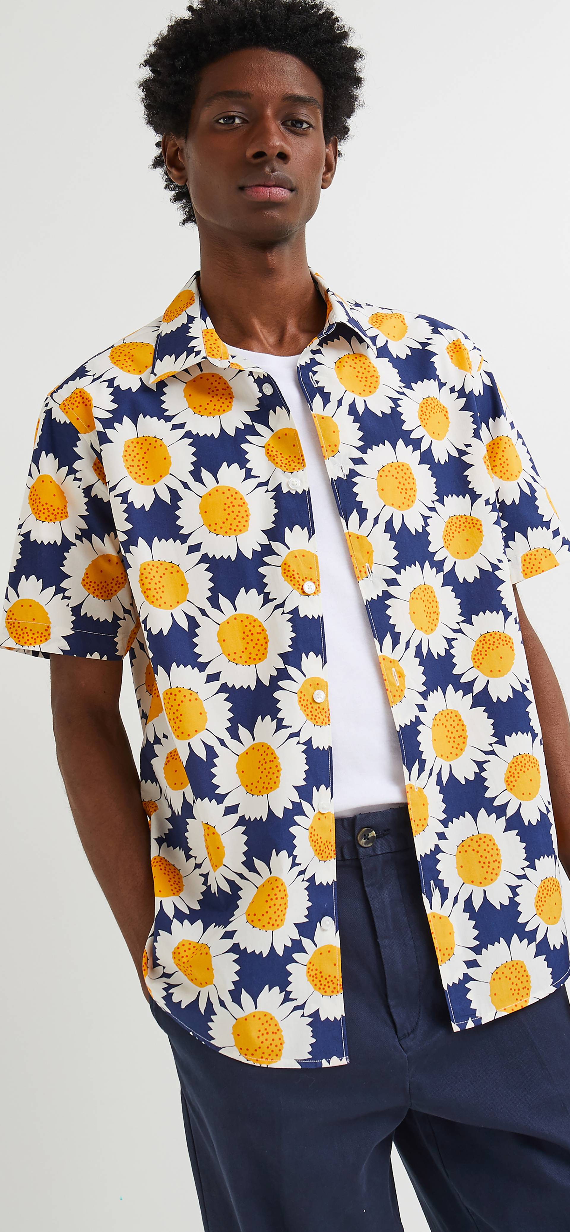 Chemise manches courtes imprimé en coton BIO, Bleu foncé, large image number 0