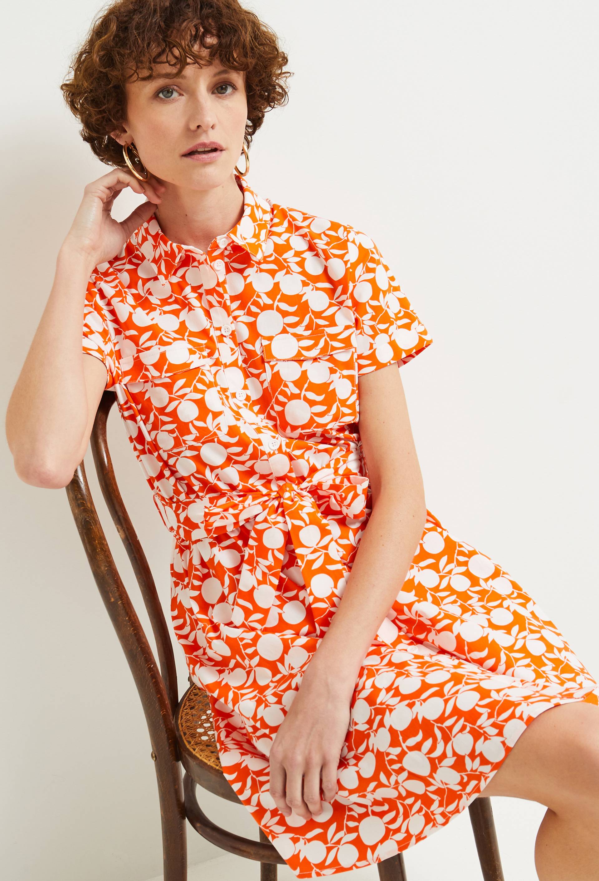 Robe chemise mi cuisse imprimée en coton BIO, Orange, large image number 0.0