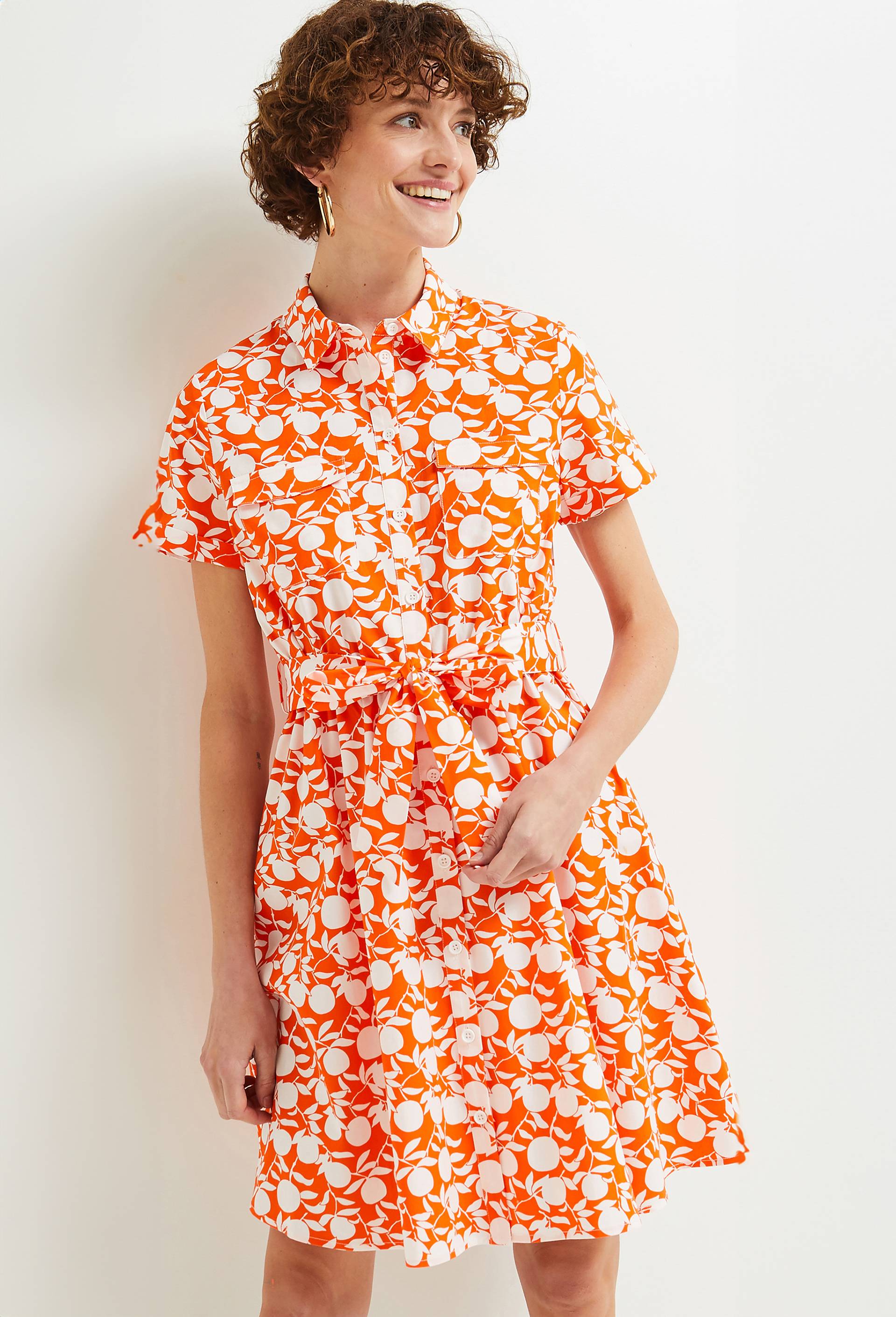 Robe chemise mi cuisse imprimée en coton BIO, Orange, large image number 1.0
