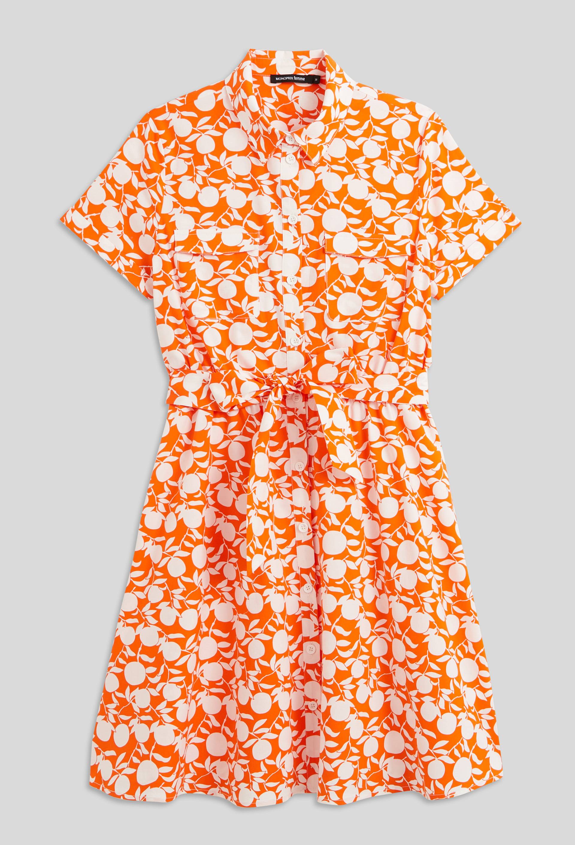 Robe chemise mi cuisse imprimée en coton BIO, Orange, large image number 2.0