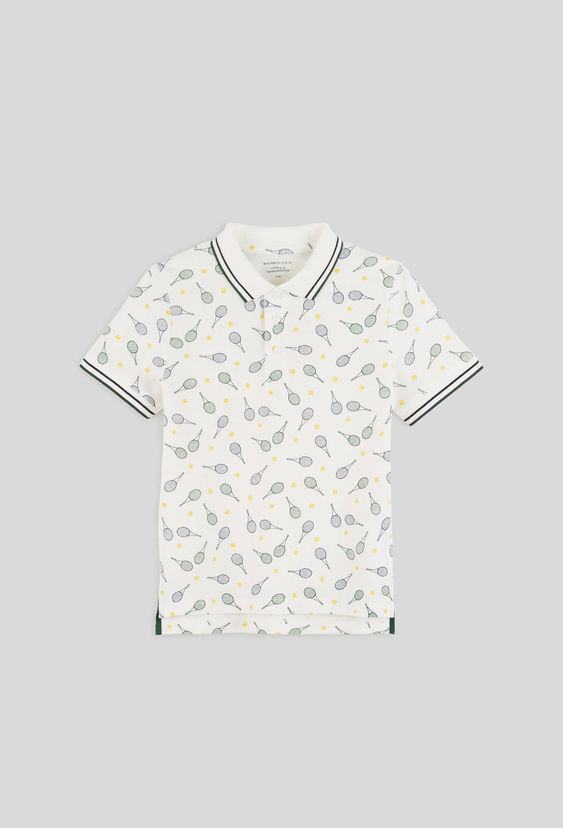 Polo manches courtes motifs tennis en coton BIO, Bleu foncé, large image number 0.0