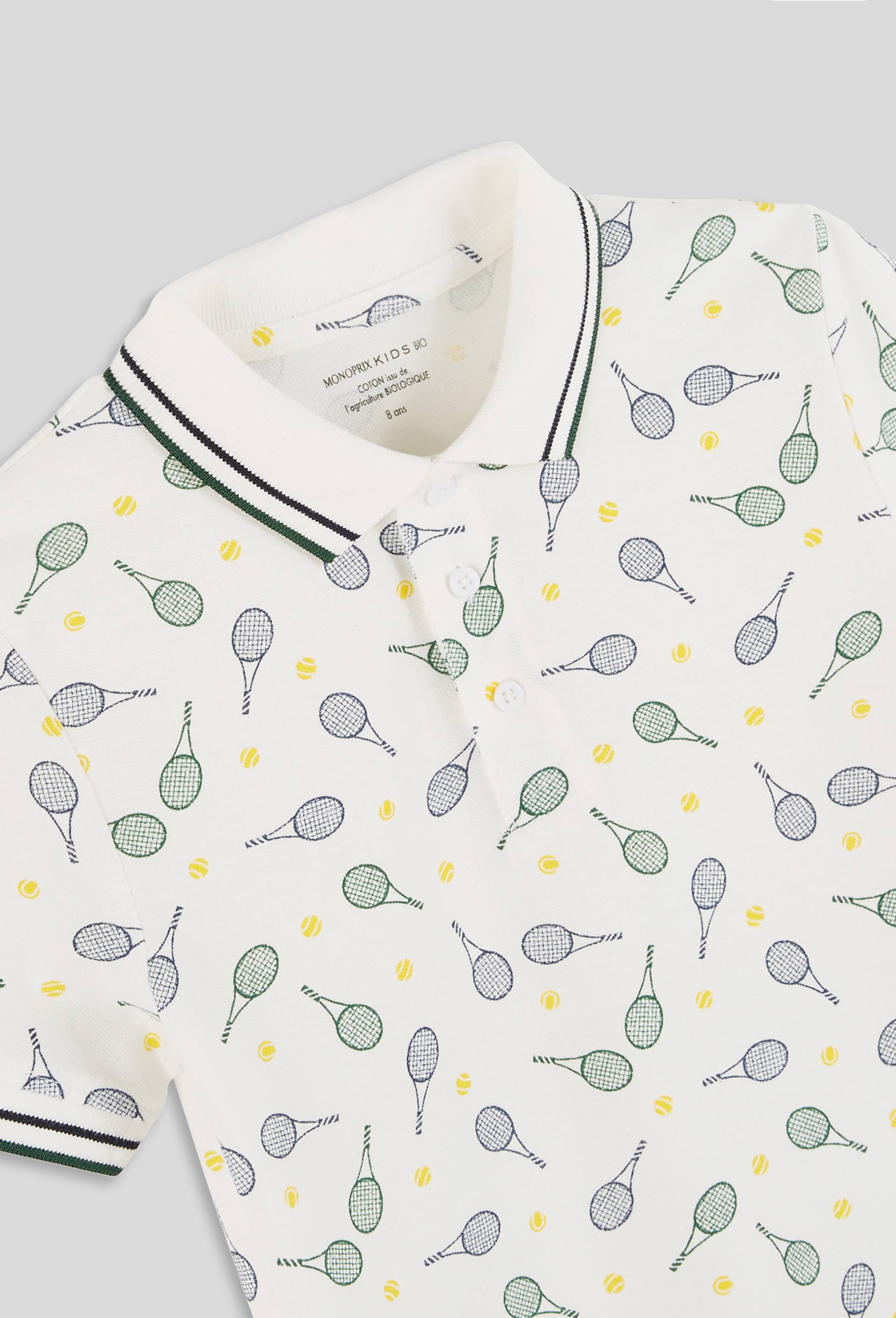 Polo manches courtes motifs tennis en coton BIO, Bleu foncé, large image number 2