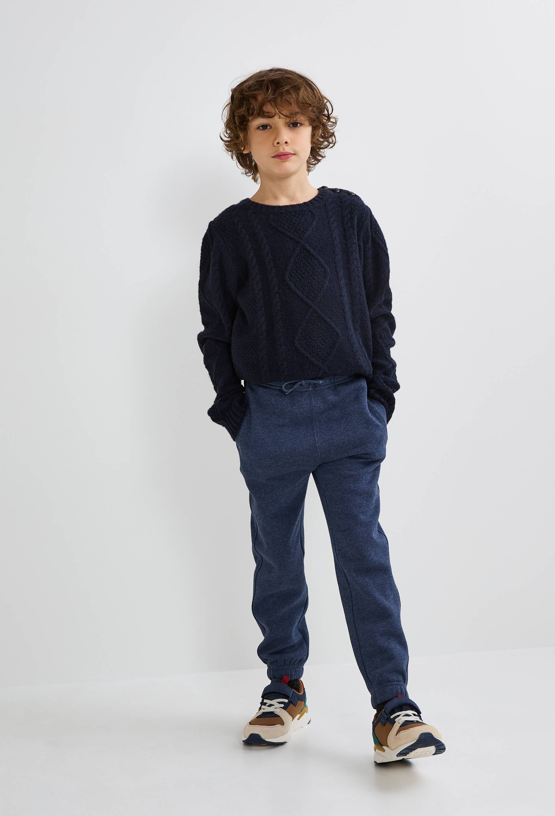 Jogging en molleton uni en coton BIO GOTS, Bleu foncé, swatch image