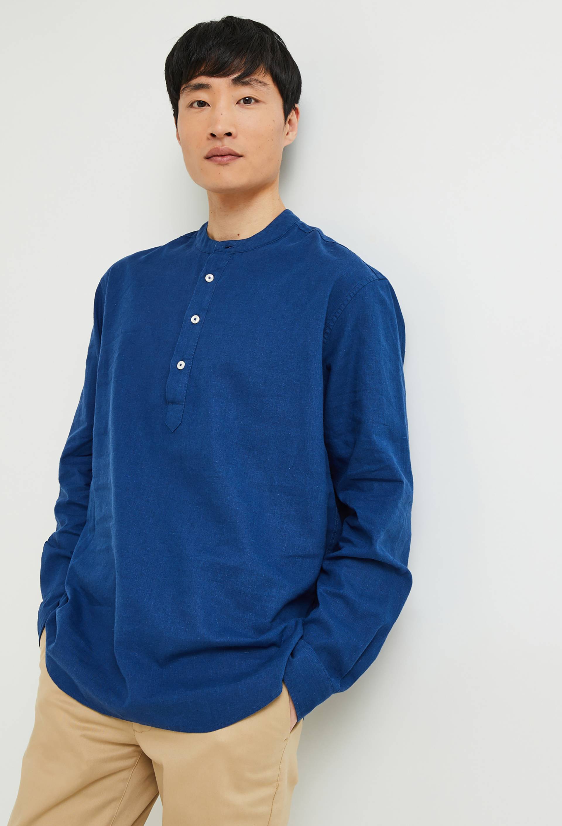 Chemise manches longues col mao vareuse en mélange coton / lin, Bleu foncé, large image number 0