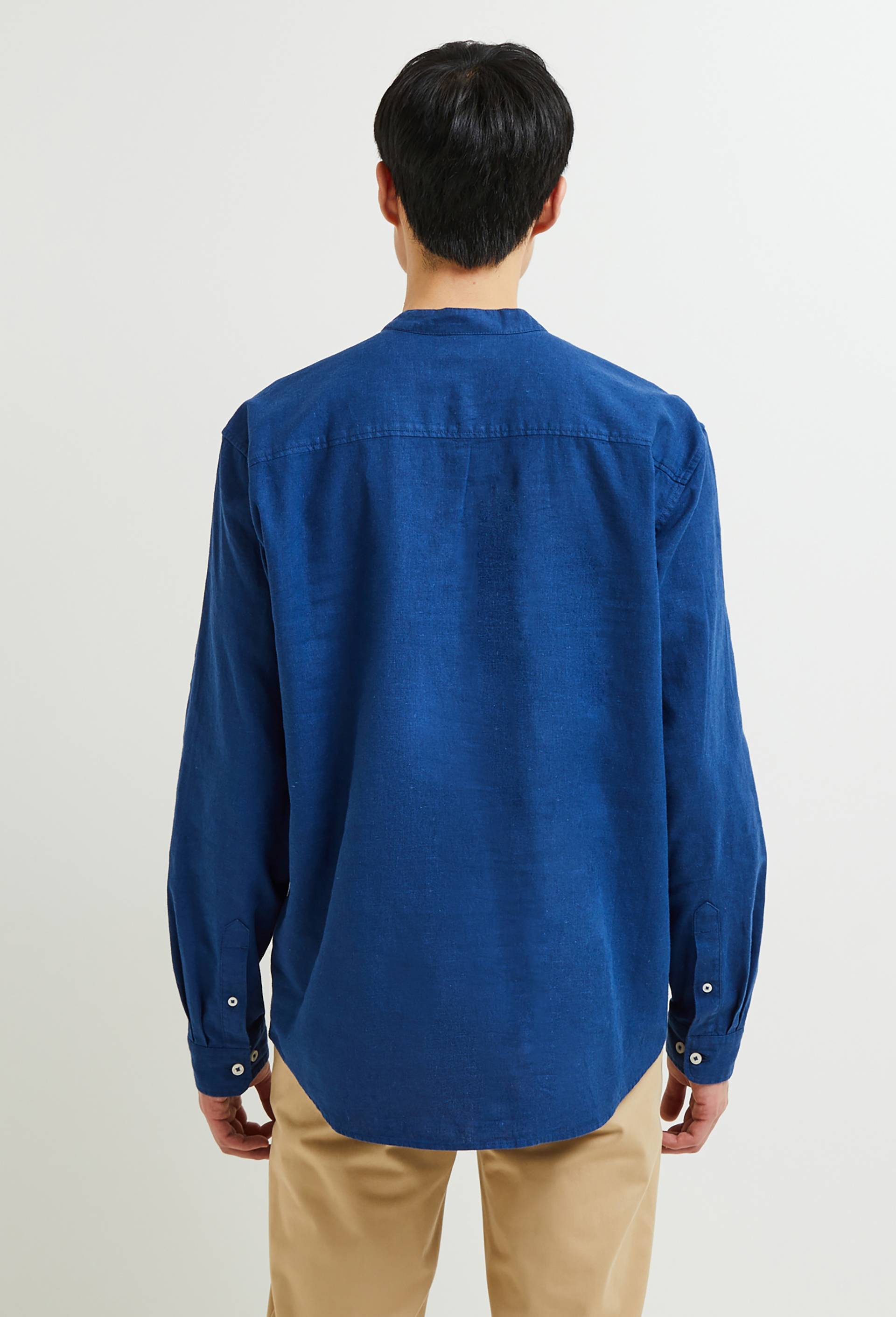 Chemise manches longues col mao vareuse en mélange coton / lin, Bleu foncé, large image number 1