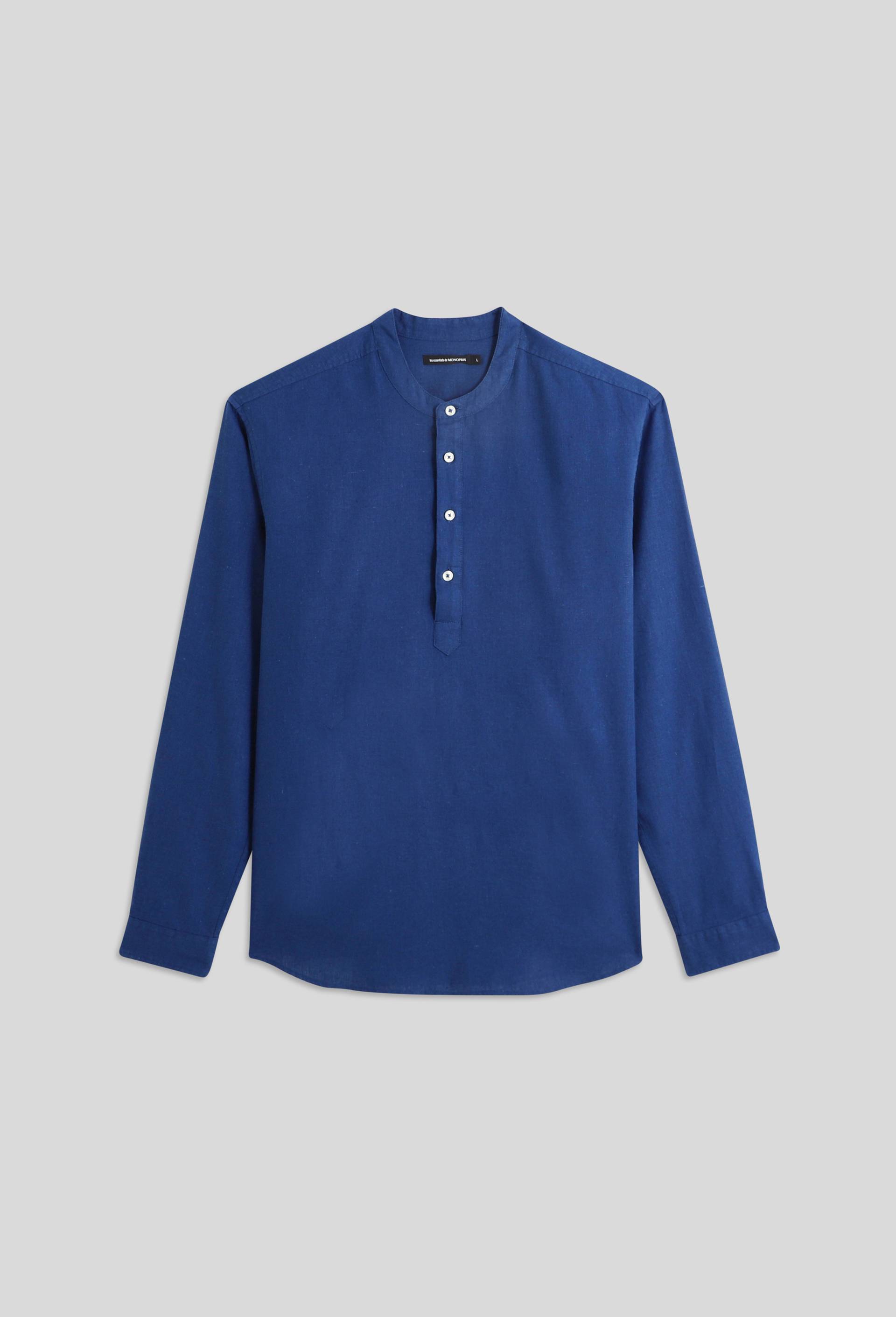 Chemise manches longues col mao vareuse en mélange coton / lin, Bleu foncé, large image number 2.0