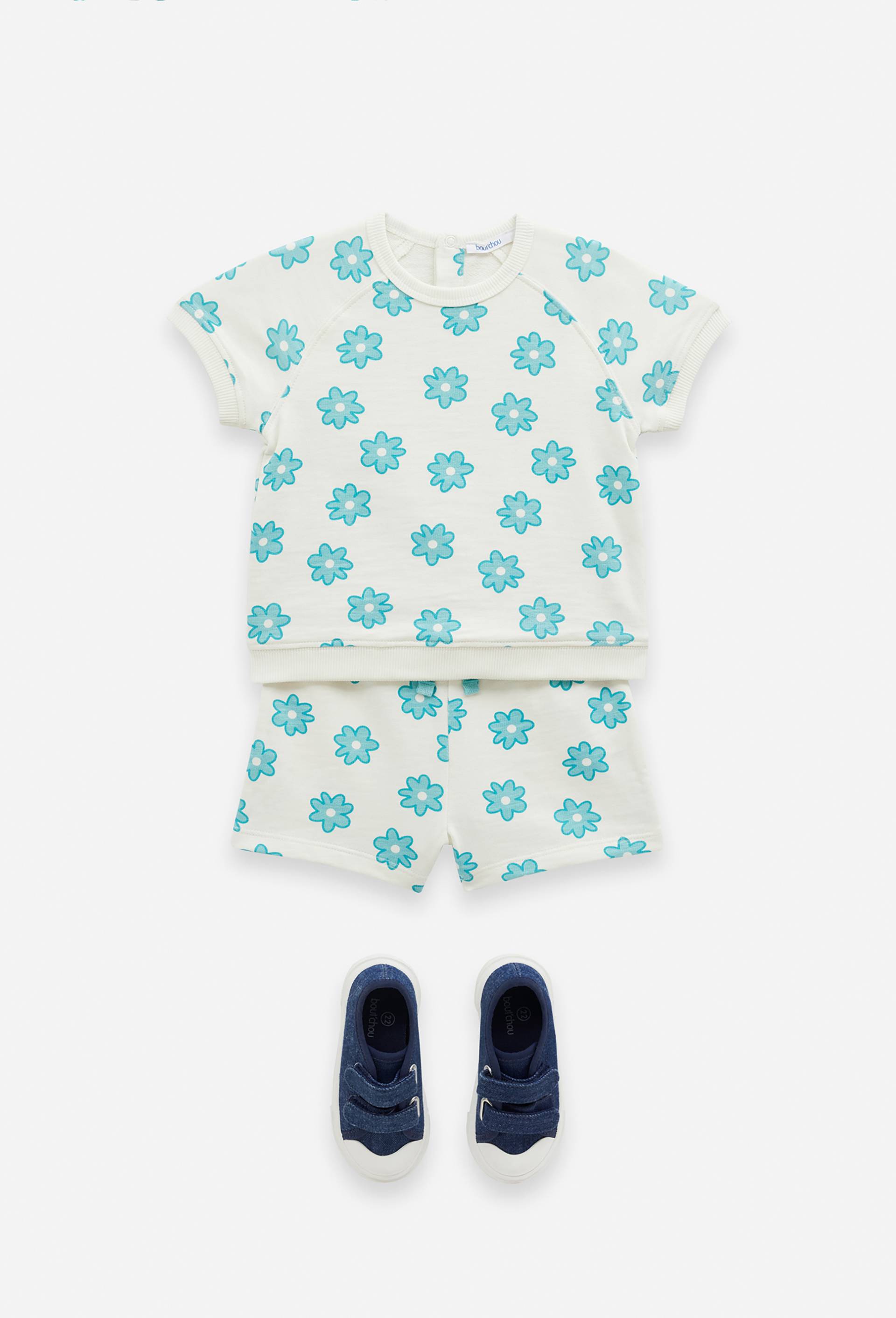 Ensemble imprimé fleurs sweat col rond manches courtes et short talle élastique, fille en coton BIO, OEKO-TEX, Vert, large image number 0.0