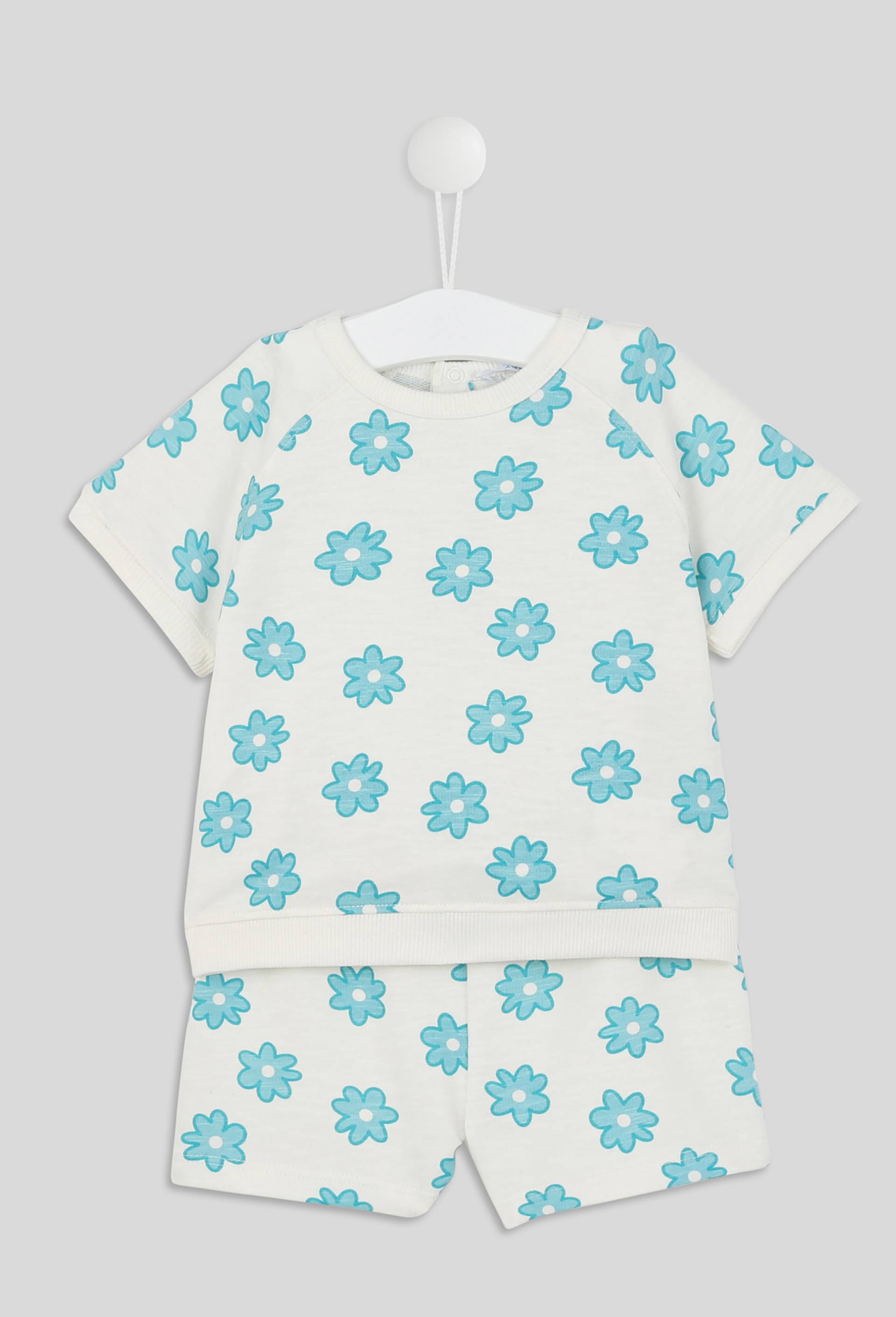 Ensemble imprimé fleurs sweat col rond manches courtes et short talle élastique, fille en coton BIO, OEKO-TEX, Vert, large image number 1