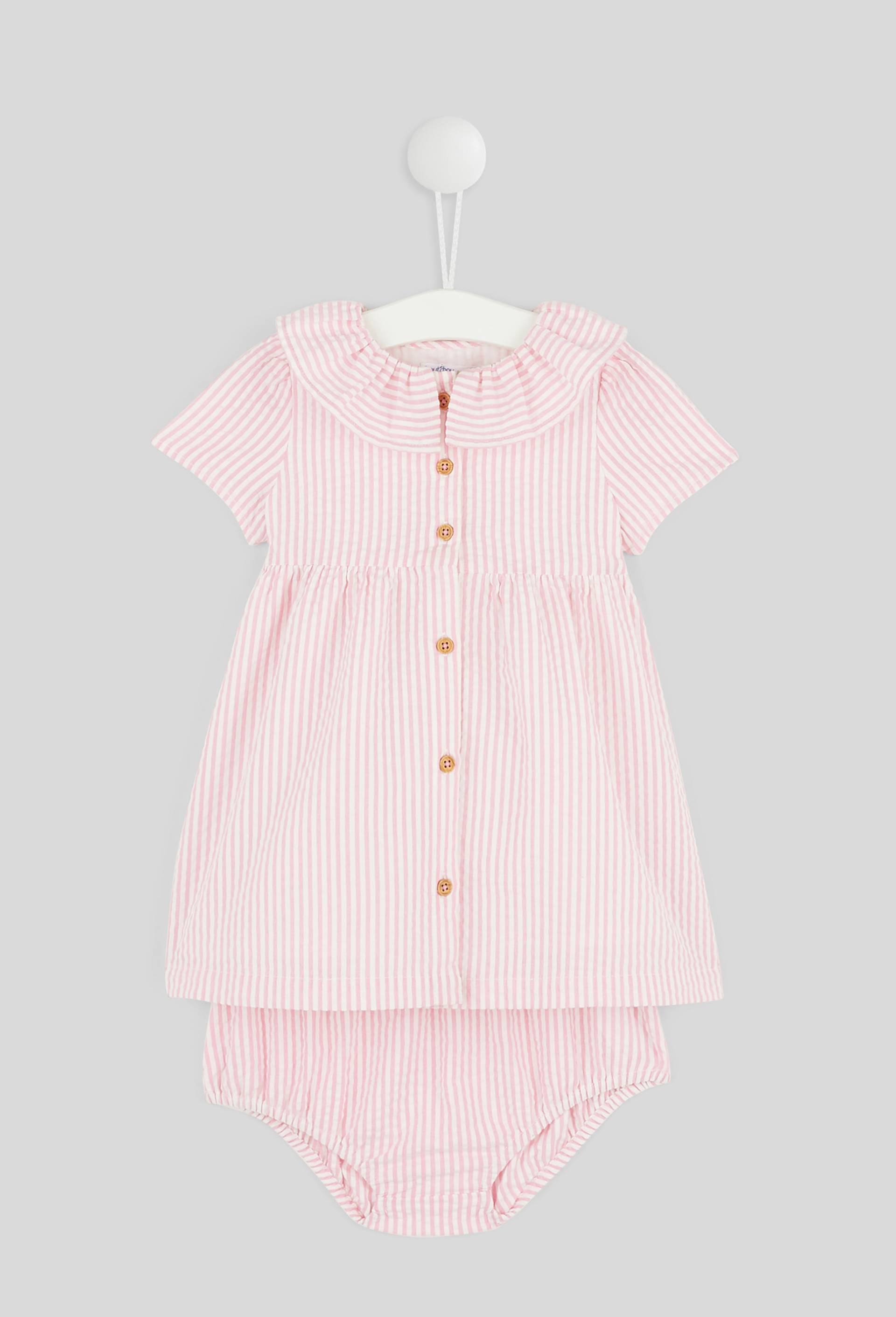 Robe rayée à grand col manches courtes boutonnée et doublée avec culotte, fille, en coton BIO., Rose, large image number 0.0