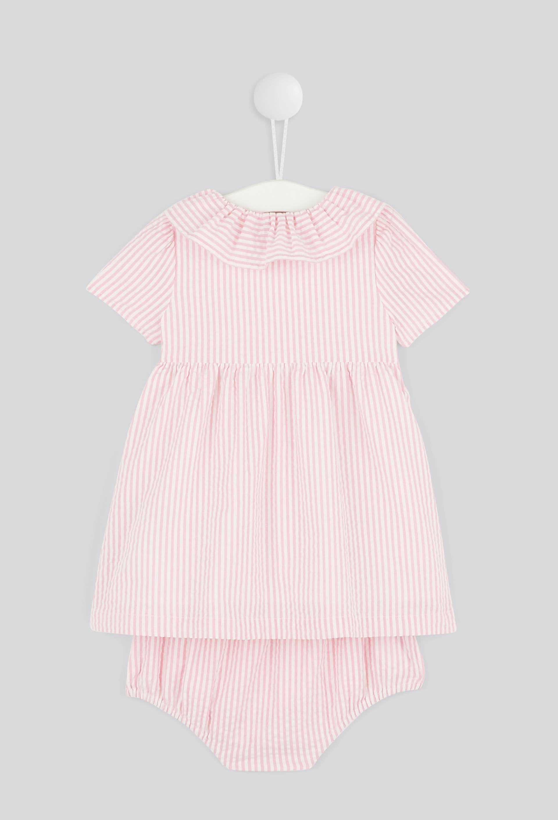 Robe rayée à grand col manches courtes boutonnée et doublée avec culotte, fille, en coton BIO., Rose, large image number 1.0