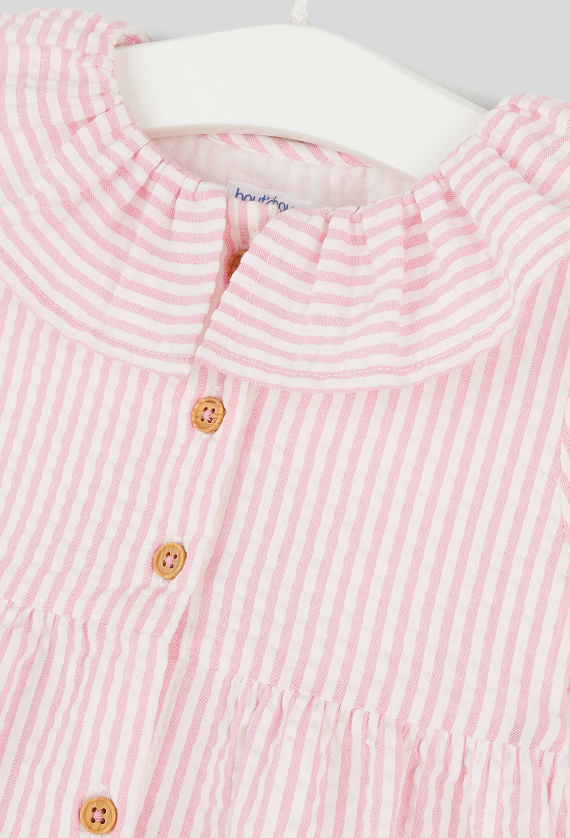 Robe rayée à grand col manches courtes boutonnée et doublée avec culotte, fille, en coton BIO., Rose, large image number 2