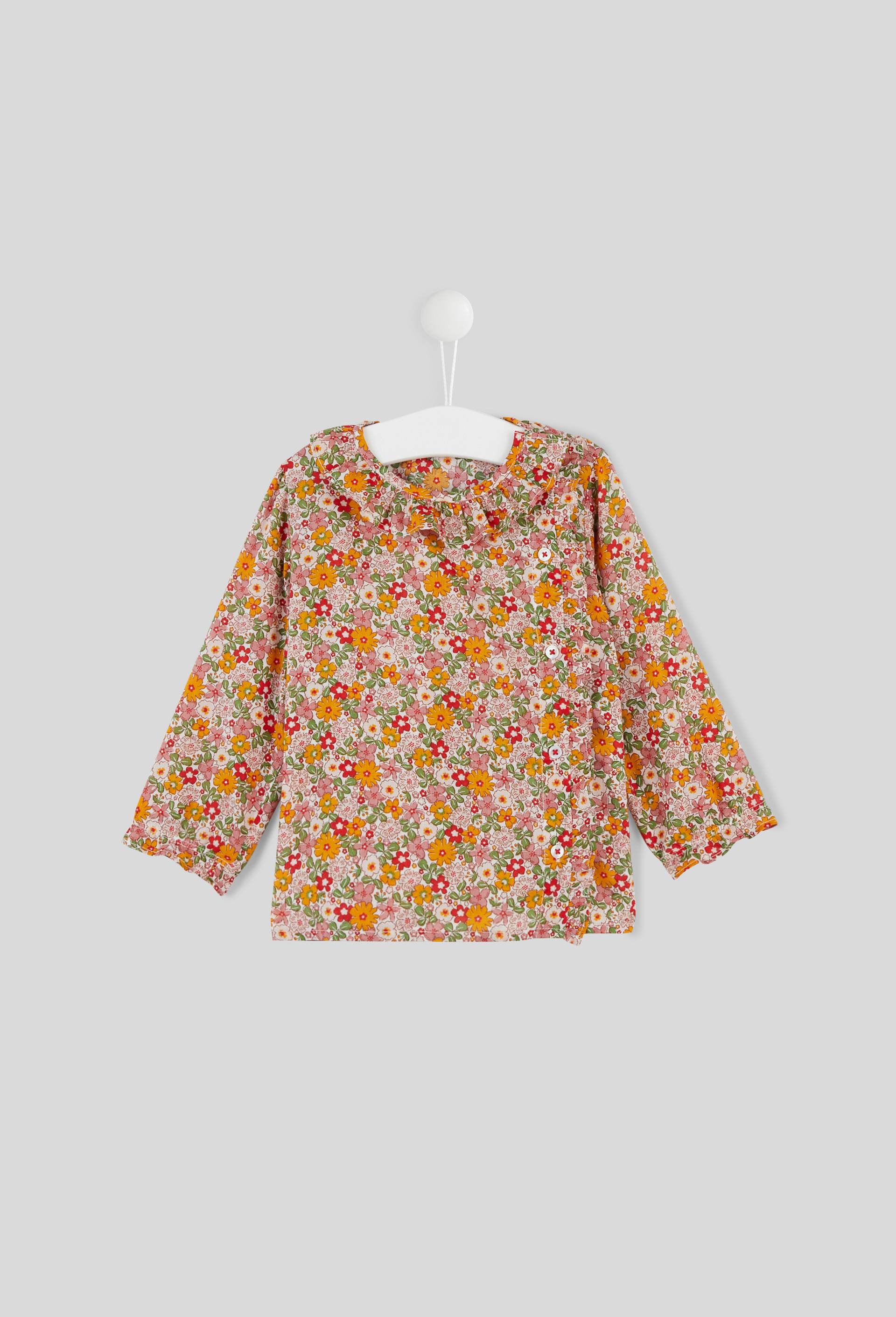 Blouse imprimée fleurs col claudine manches longues, fille, en coton BIO, OEKO-TEX, Beige clair, large image number 0
