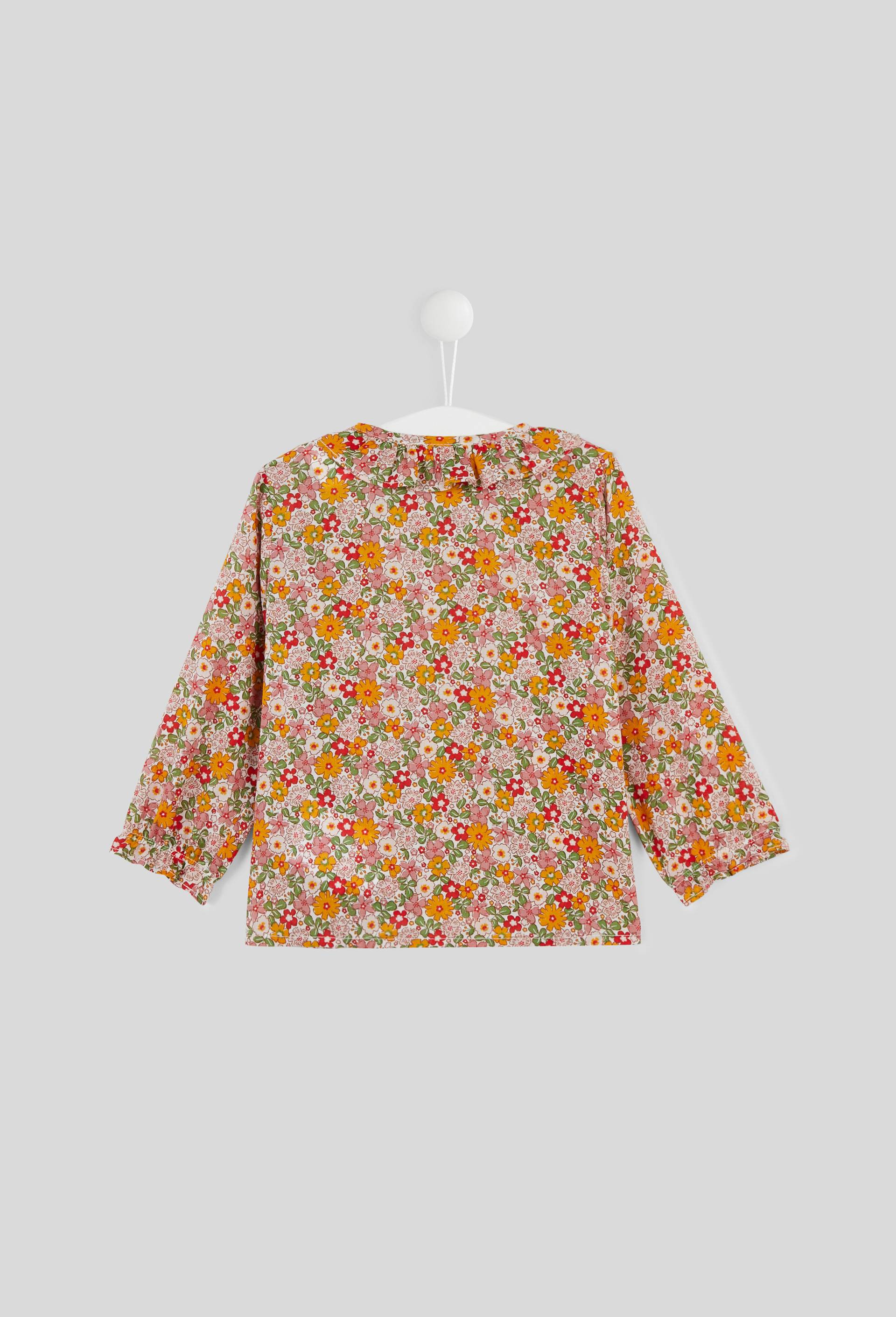 Blouse imprimée fleurs col claudine manches longues, fille, en coton BIO, OEKO-TEX, Beige clair, large image number 1.0