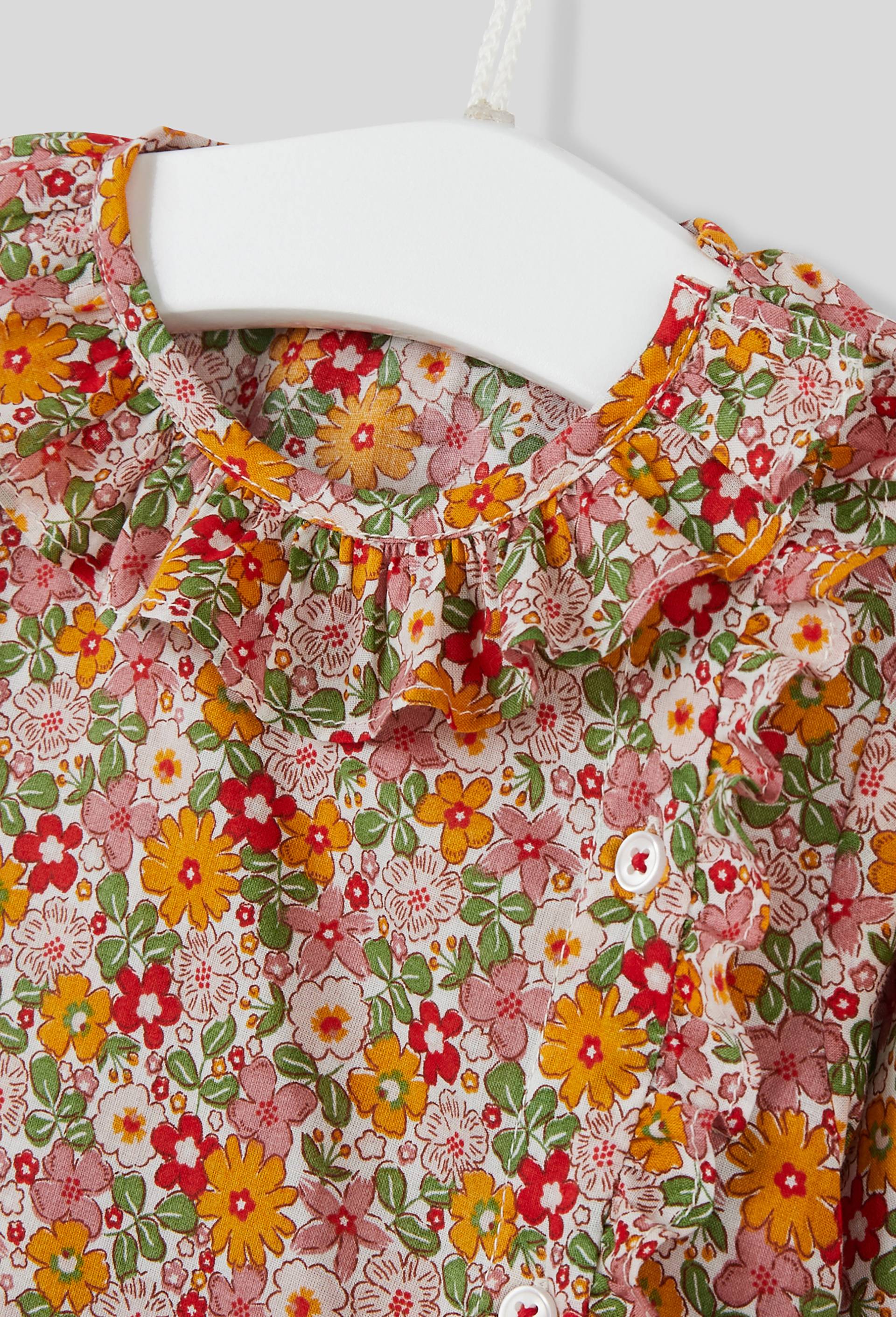 Blouse imprimée fleurs col claudine manches longues, fille, en coton BIO, OEKO-TEX, Beige clair, large image number 2.0