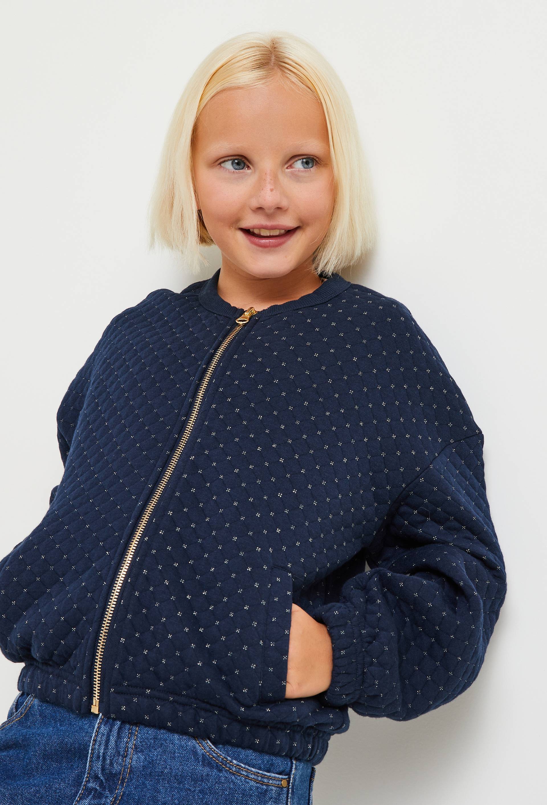 Cardigan zipp&eacute; en molleton matelass&eacute; contenant du coton BIO GOTS, Bleu fonc&eacute;, large image number 0
