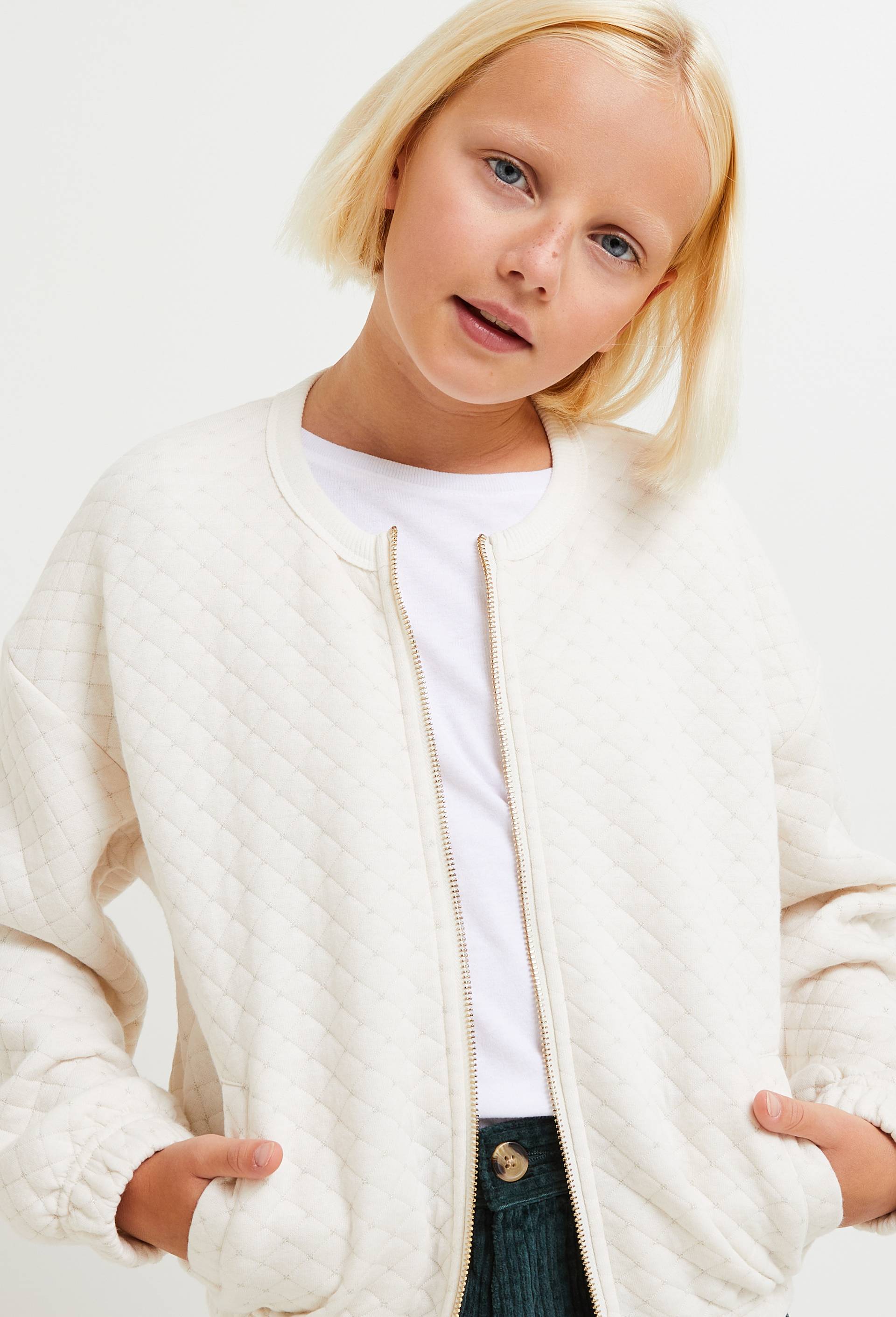 Cardigan zipp&eacute; en molleton matelass&eacute; contenant du coton BIO GOTS, Ecru, large image number 0