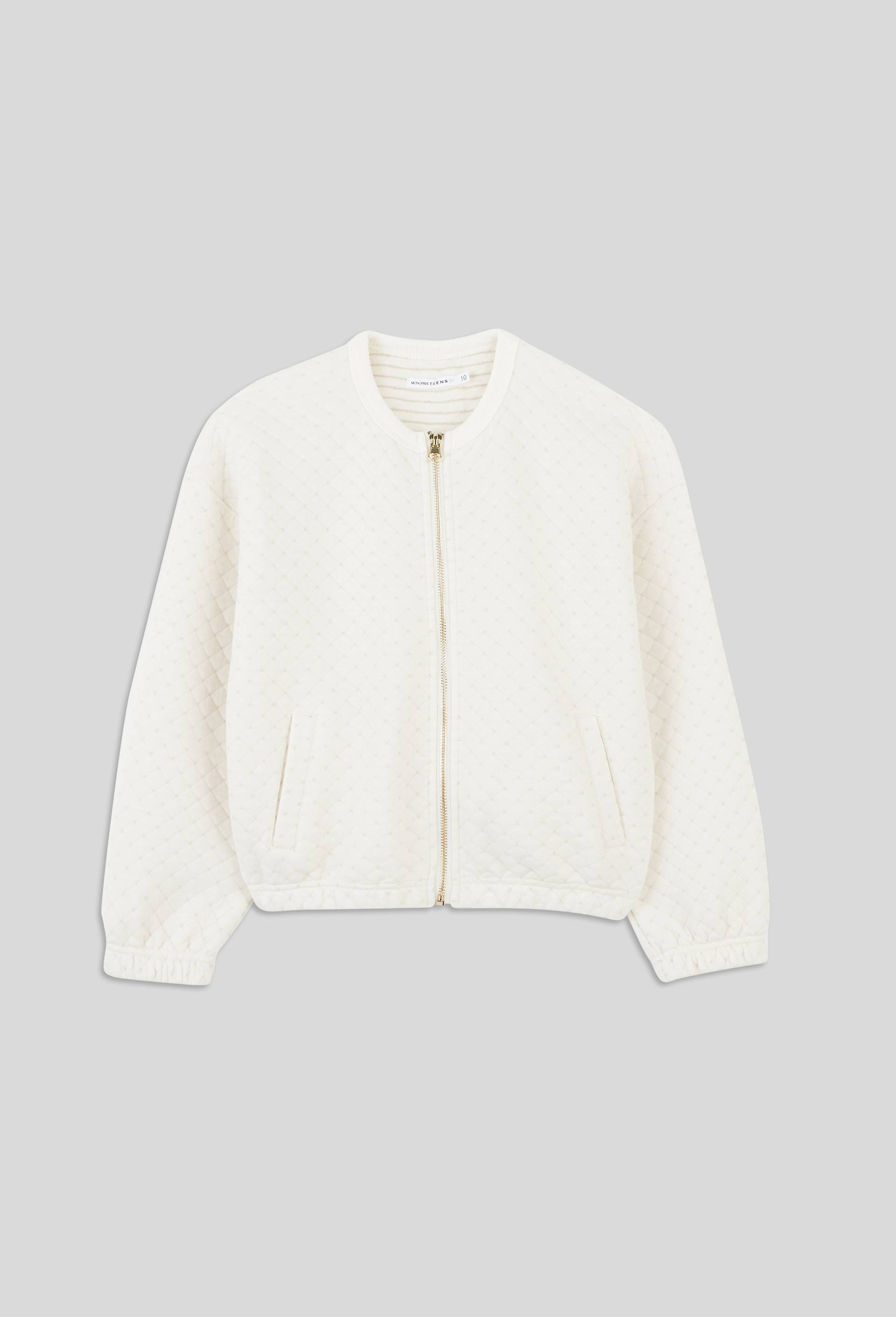Cardigan zipp&eacute; en molleton matelass&eacute; contenant du coton BIO GOTS, Ecru, large image number 1