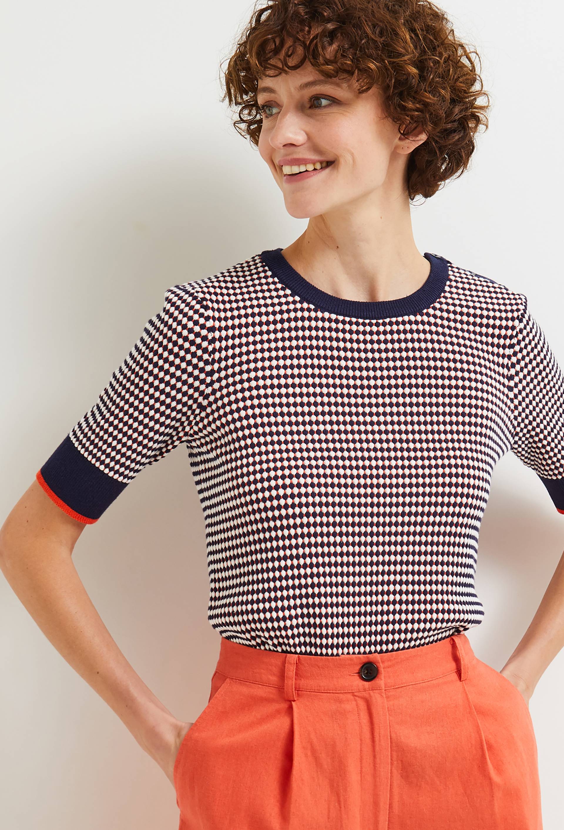 PULL EN COTON POINT FANTAISIE MANCHES COURTES BICOLORE, Orange, large image number 0.0