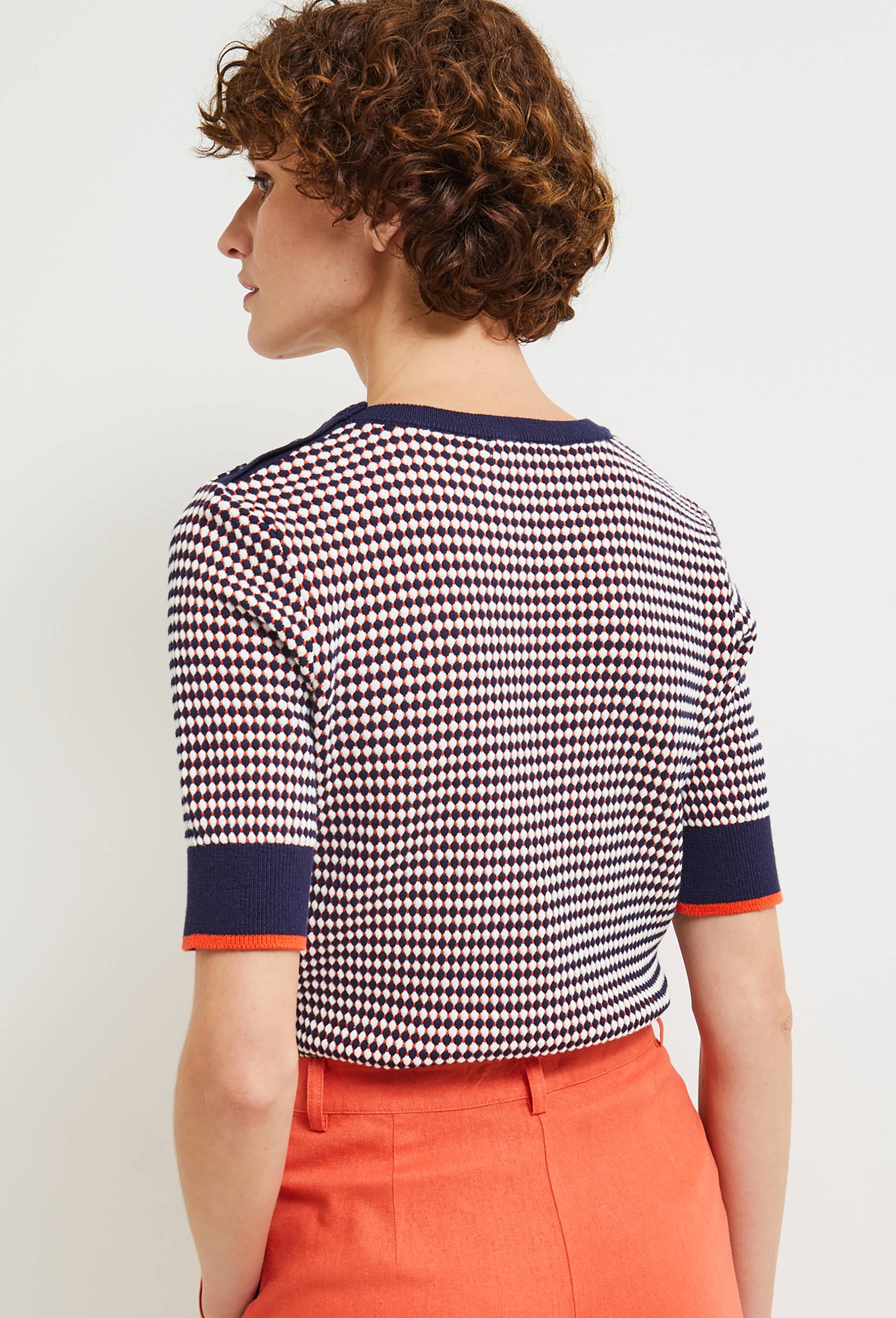 PULL EN COTON POINT FANTAISIE MANCHES COURTES BICOLORE, Orange, large image number 1
