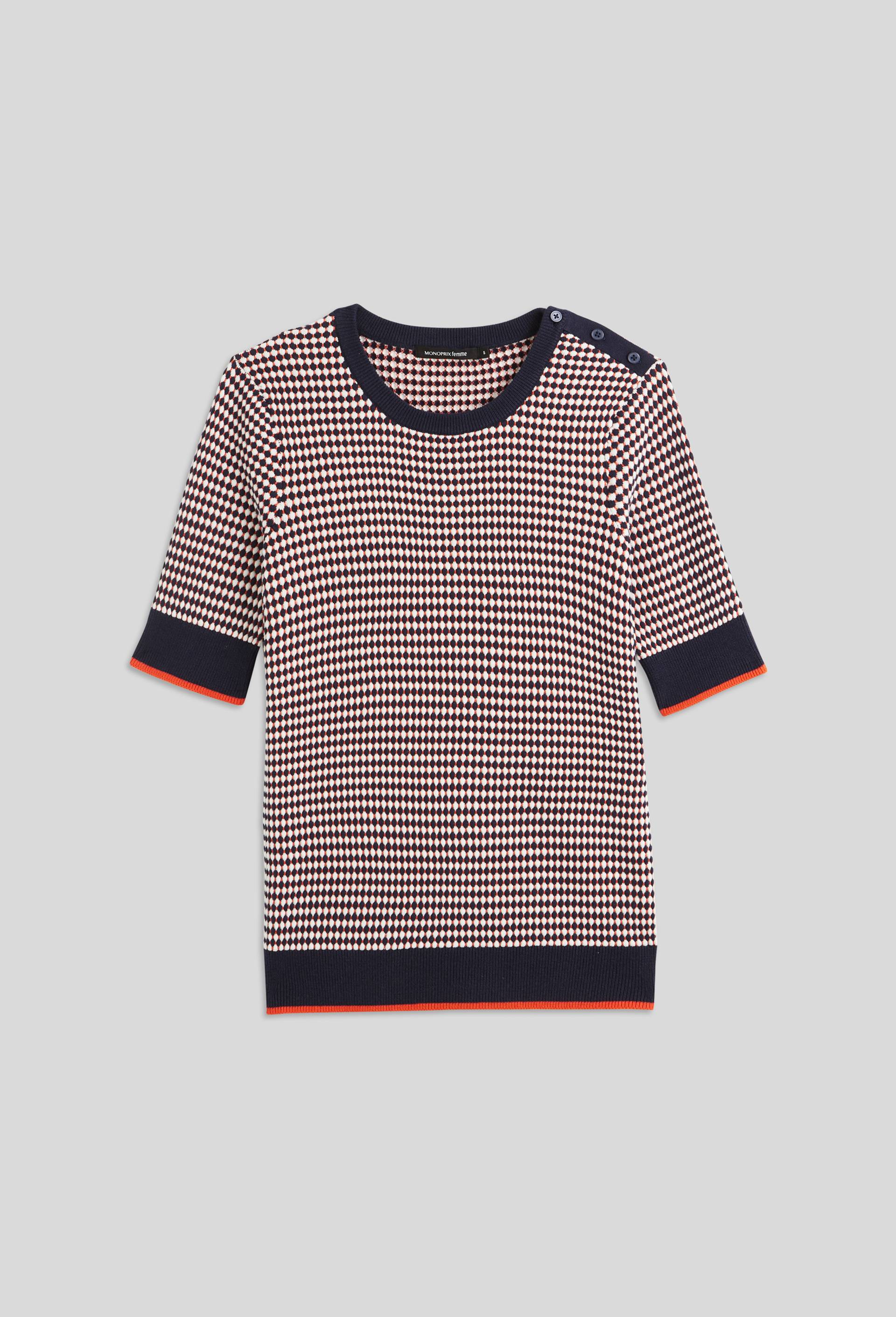 PULL EN COTON POINT FANTAISIE MANCHES COURTES BICOLORE, Orange, large image number 2.0