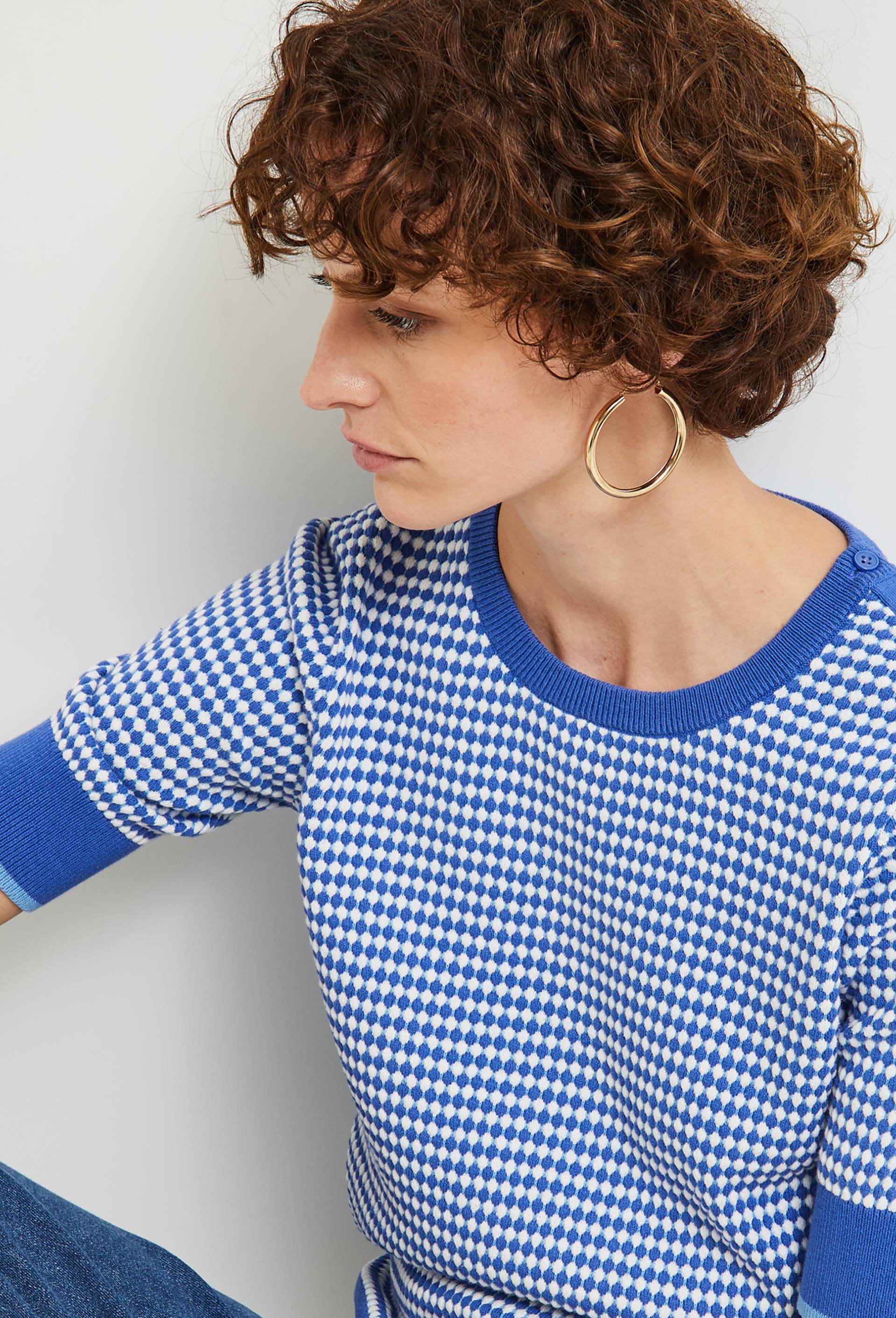 PULL EN COTON POINT FANTAISIE MANCHES COURTES BICOLORE, Bleu, large image number 0.0