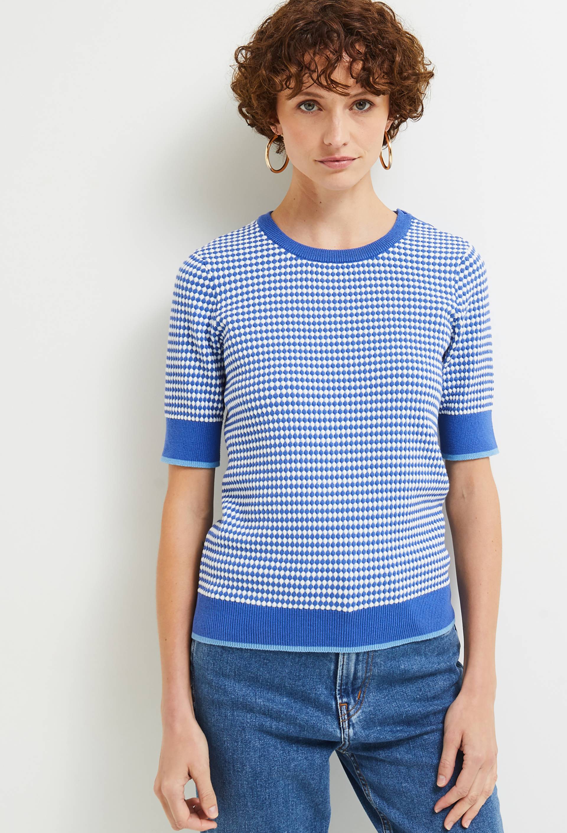 PULL EN COTON POINT FANTAISIE MANCHES COURTES BICOLORE, Bleu, large image number 1.0