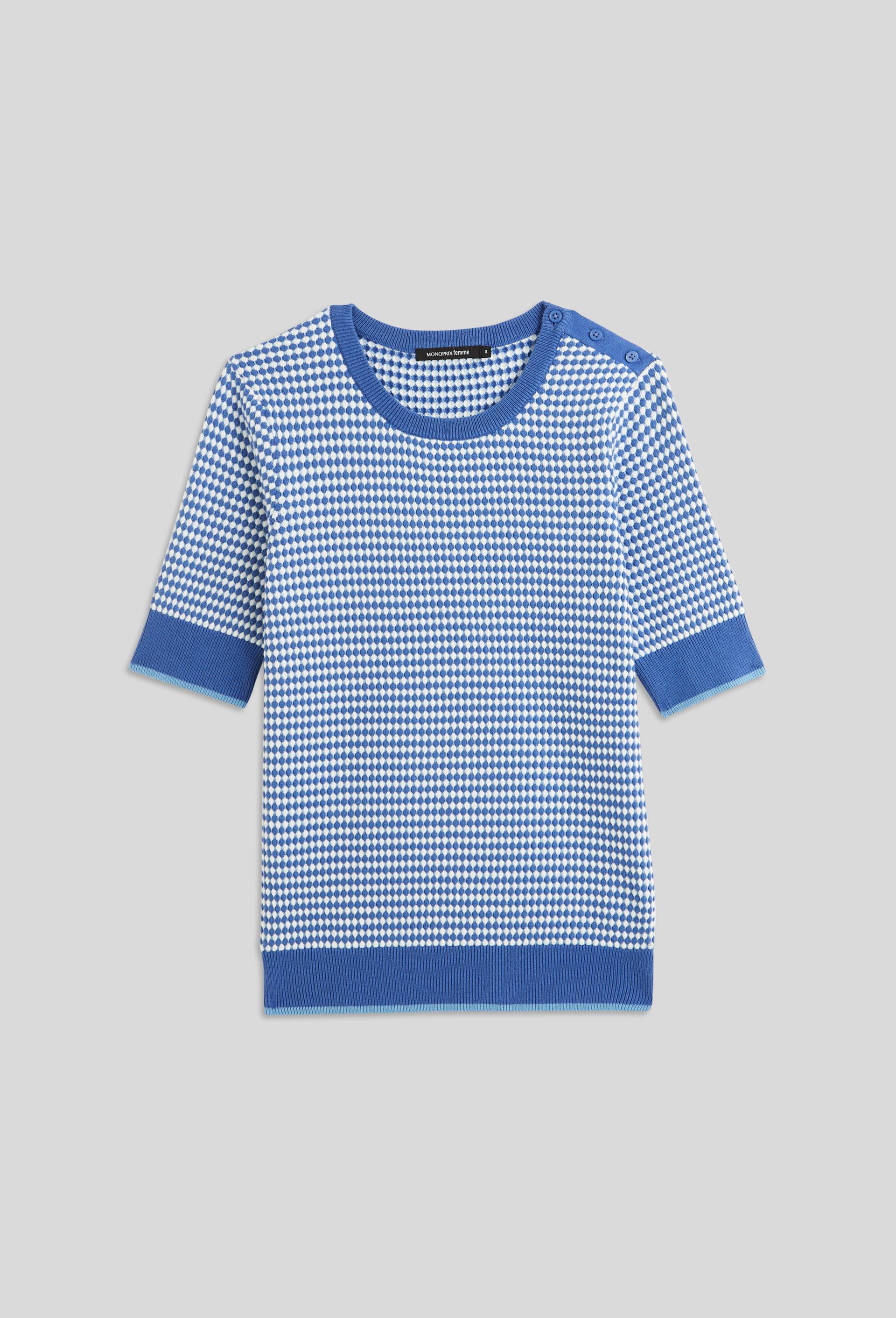PULL EN COTON POINT FANTAISIE MANCHES COURTES BICOLORE, Bleu, large image number 2