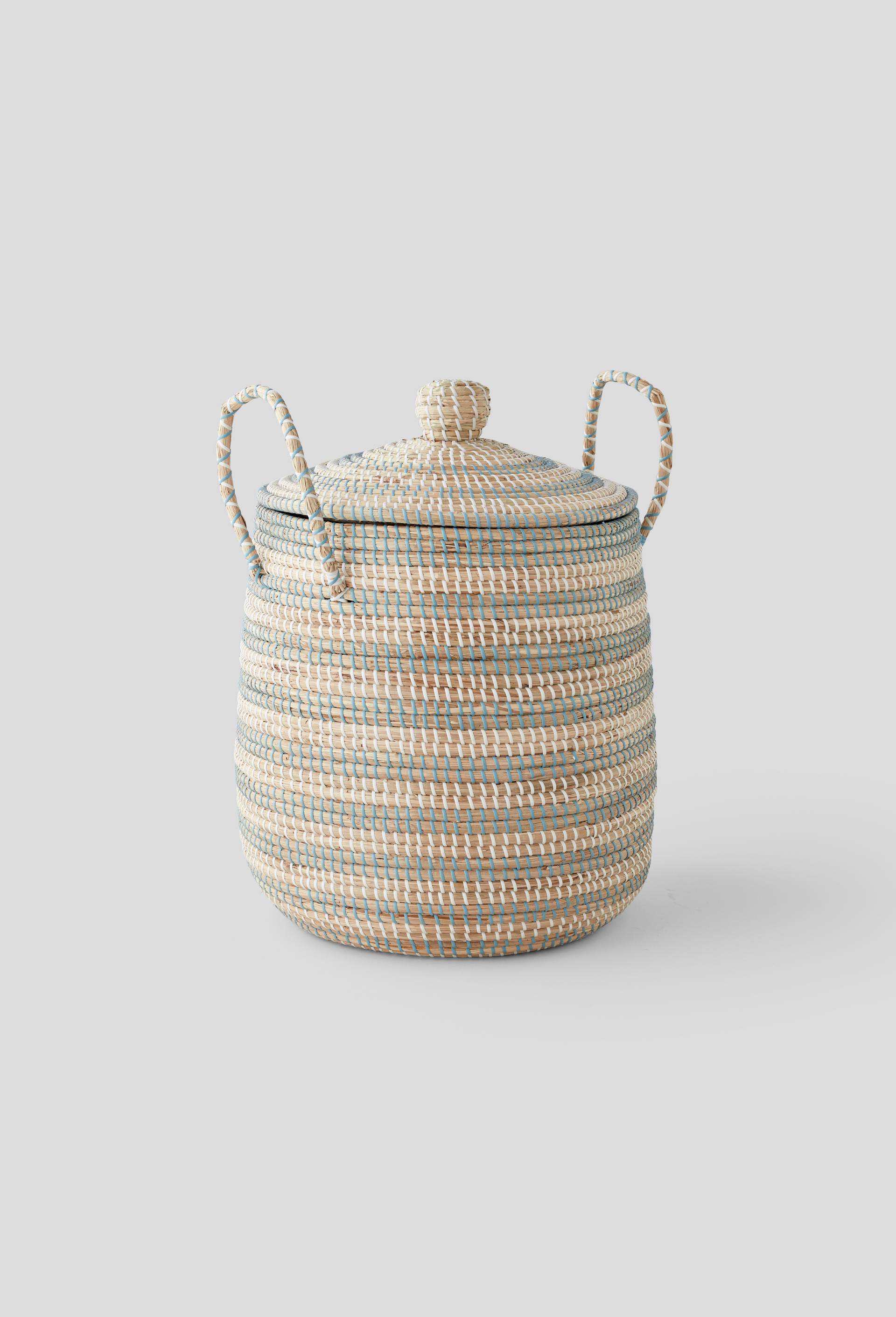 Panier en jonc de mer et scoubidou, D42xH41cm, Bleu foncé, large image number 0