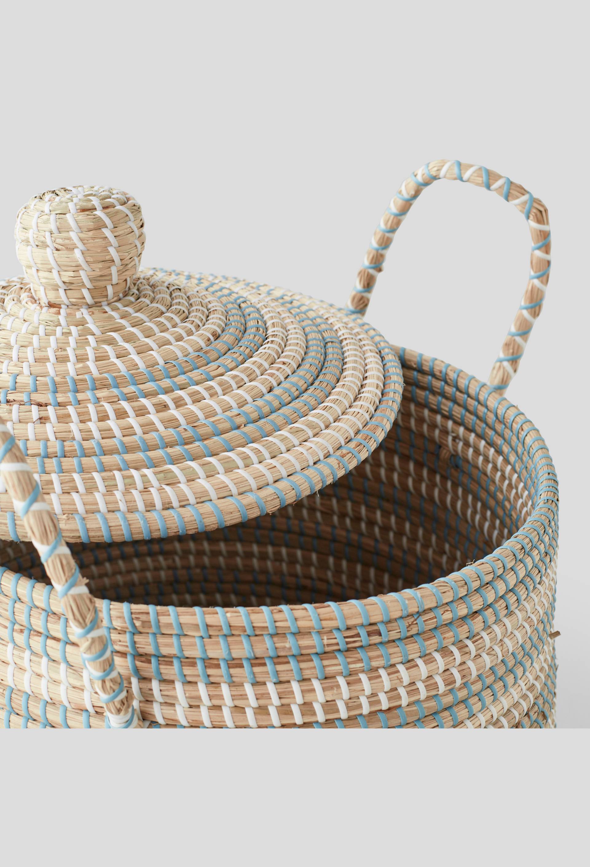 Panier en jonc de mer et scoubidou, D42xH41cm, Bleu foncé, large image number 1