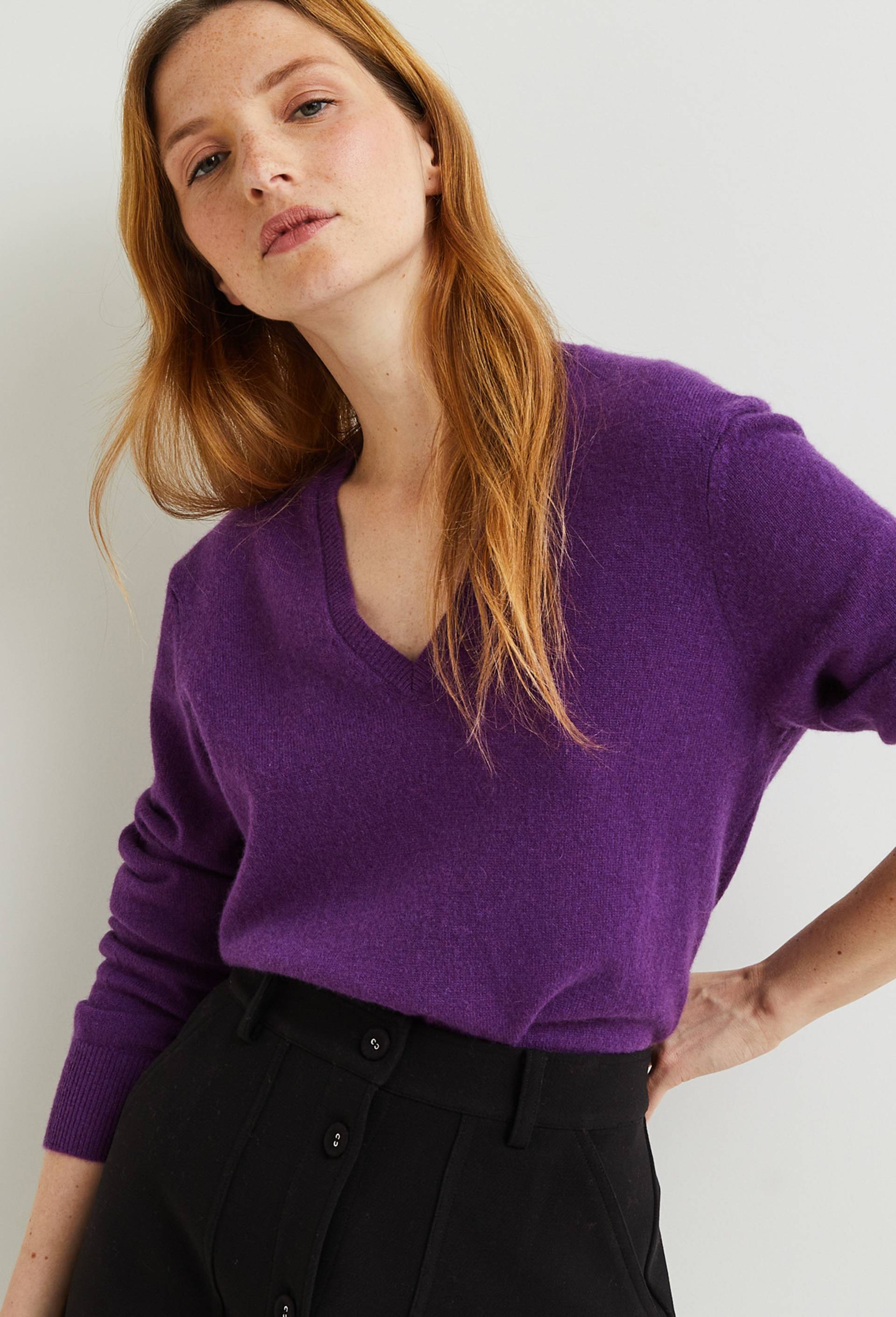 Pull uni col V en 100% cachemire, Violet, large image number 1