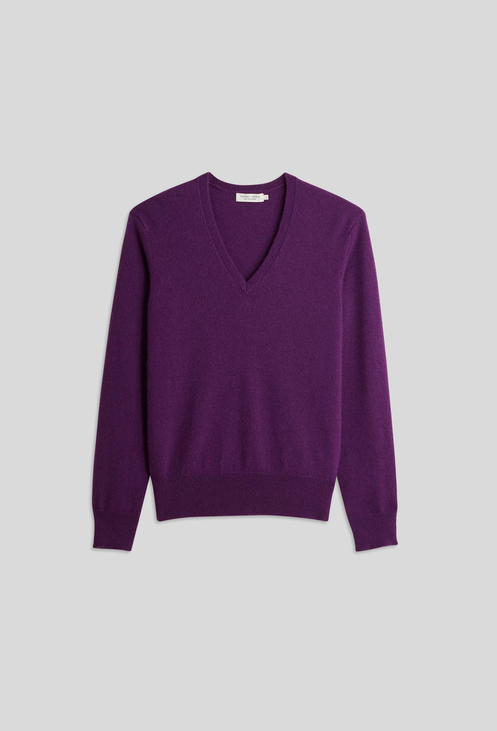 Pull uni col V en 100% cachemire, Violet, large image number 2
