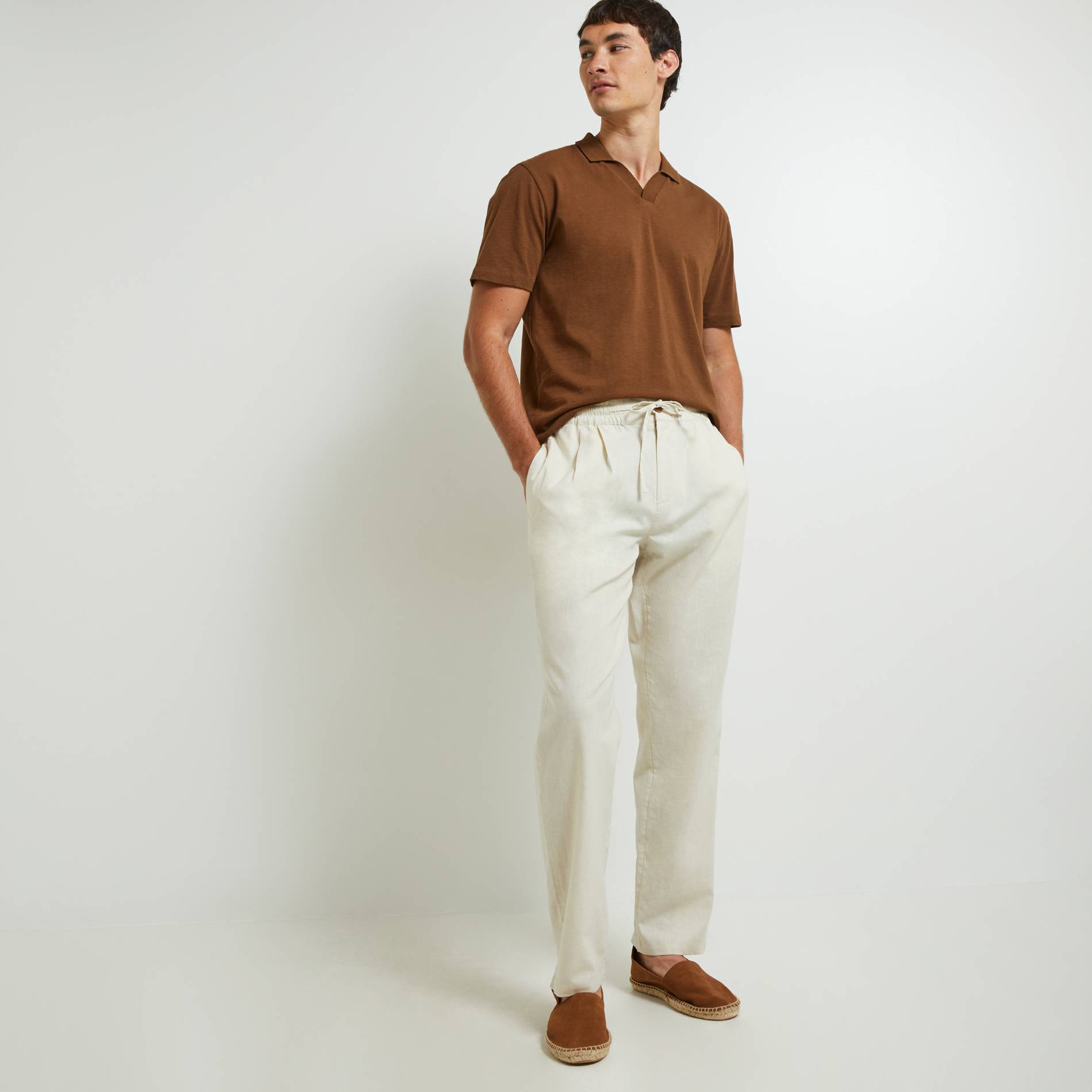 Pantalon élastiqué en mélange lin coton, Beige clair, large image number 0.0