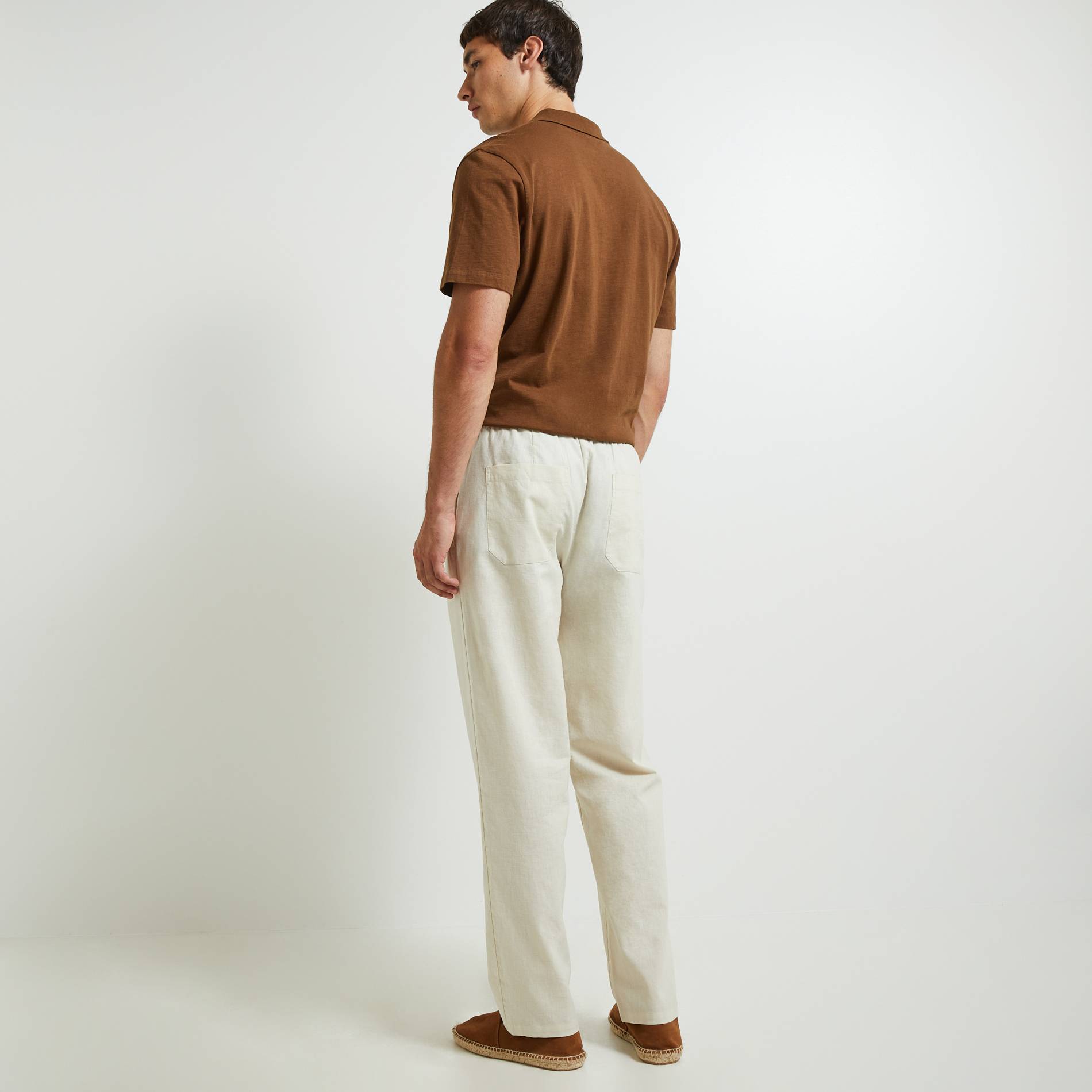 Pantalon élastiqué en mélange lin coton, Beige clair, large image number 1