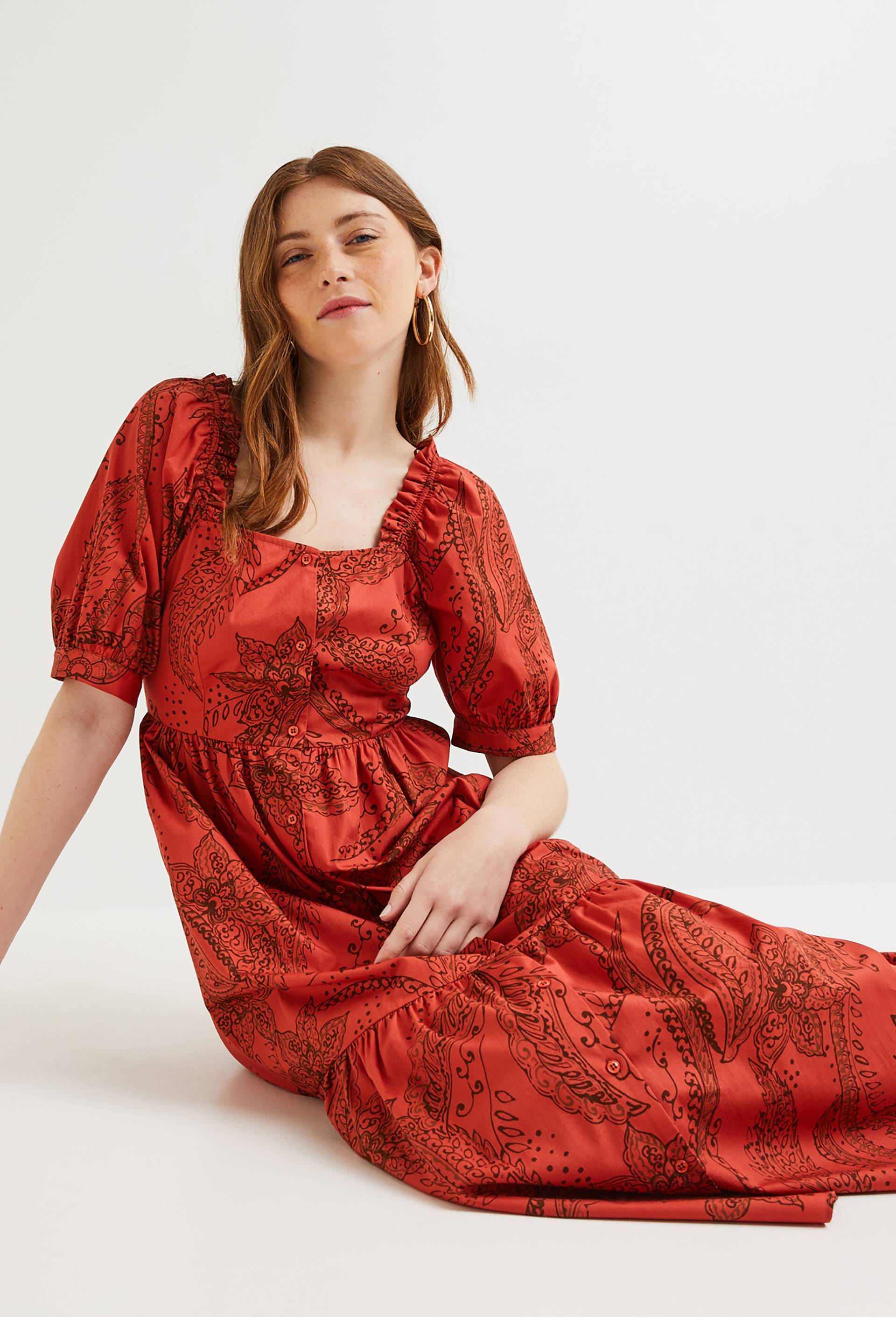 Robe midi imprimée col carré, Orange, large image number 0