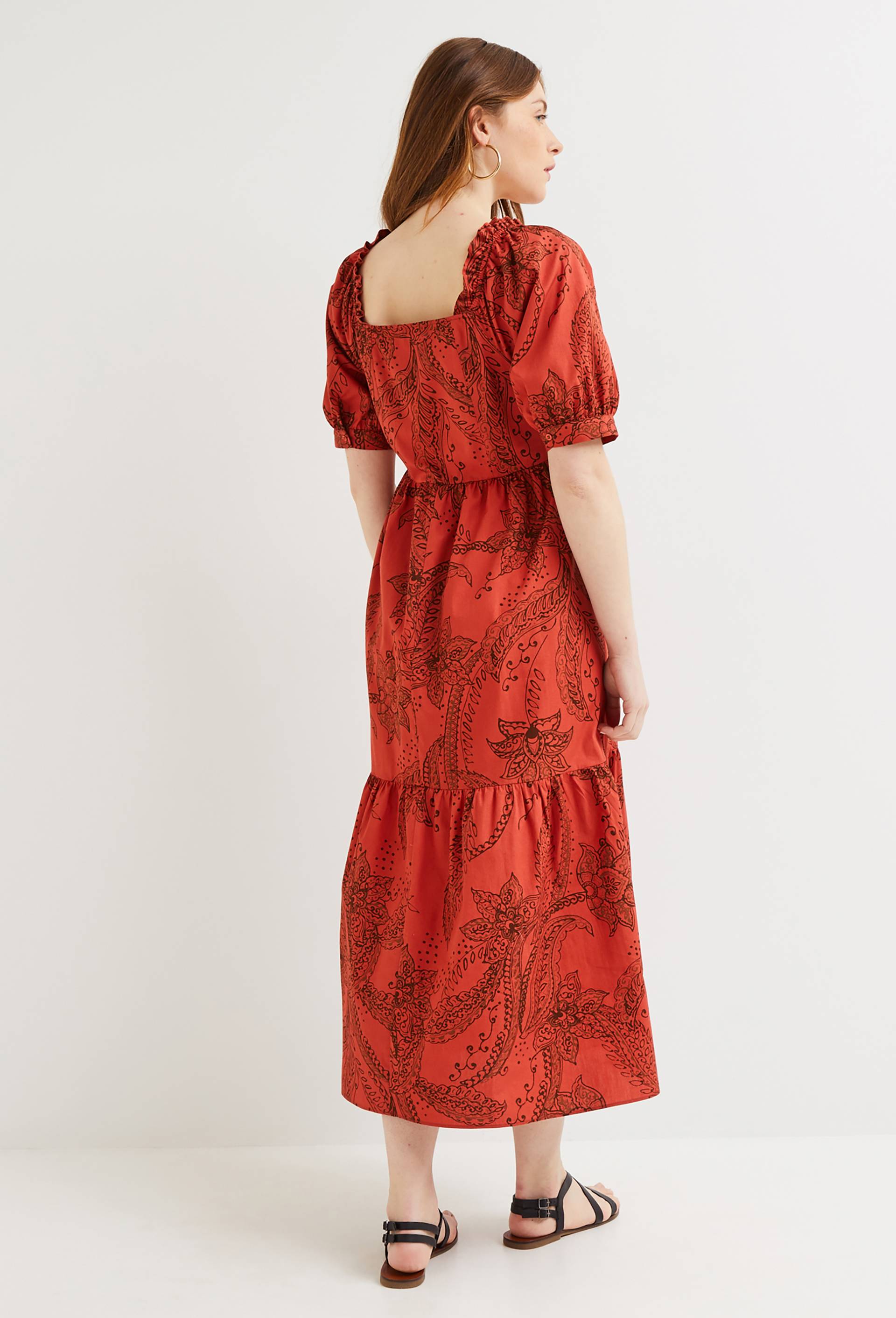 Robe midi imprimée col carré, Orange, large image number 1.0