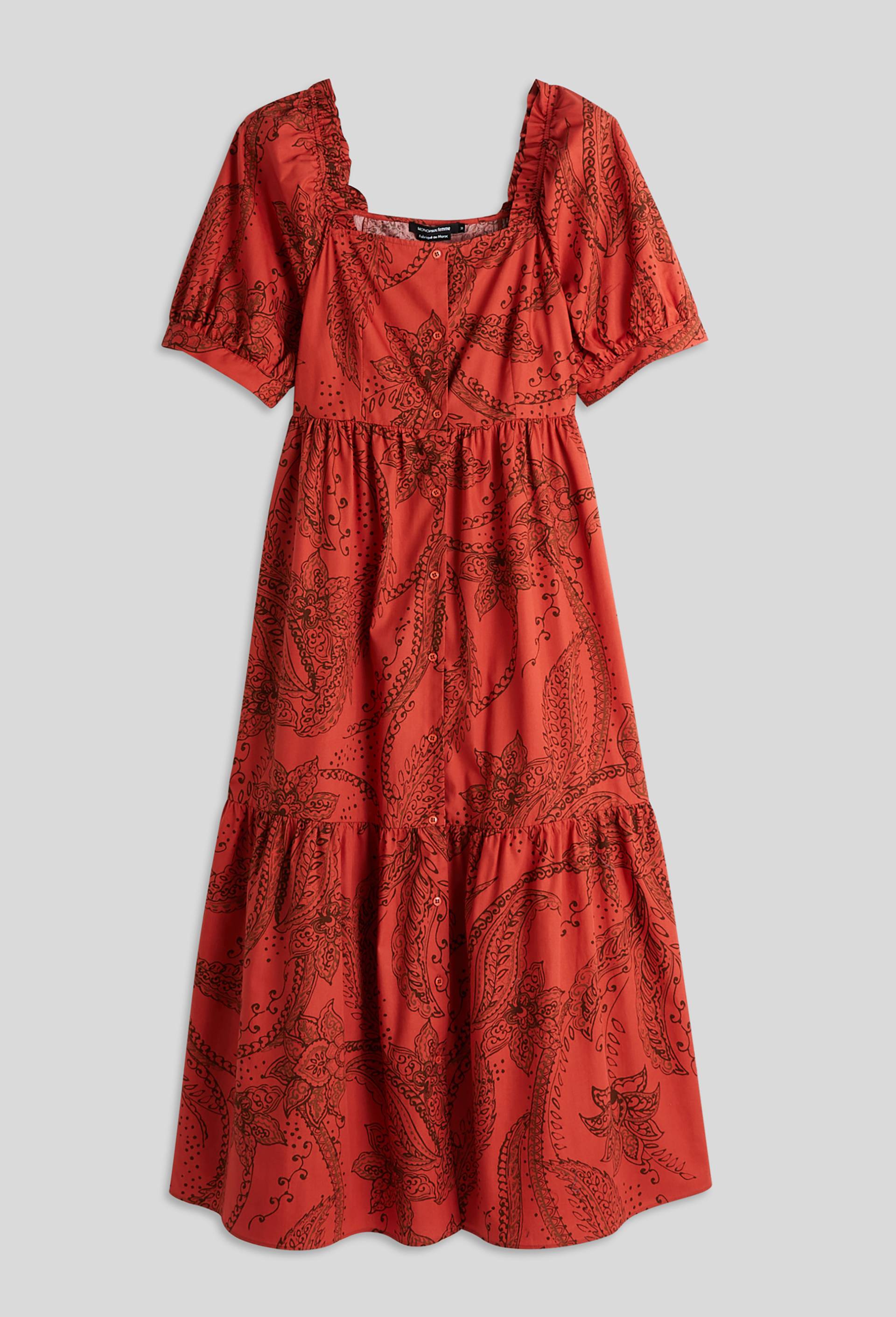 Robe midi imprimée col carré, Orange, large image number 2