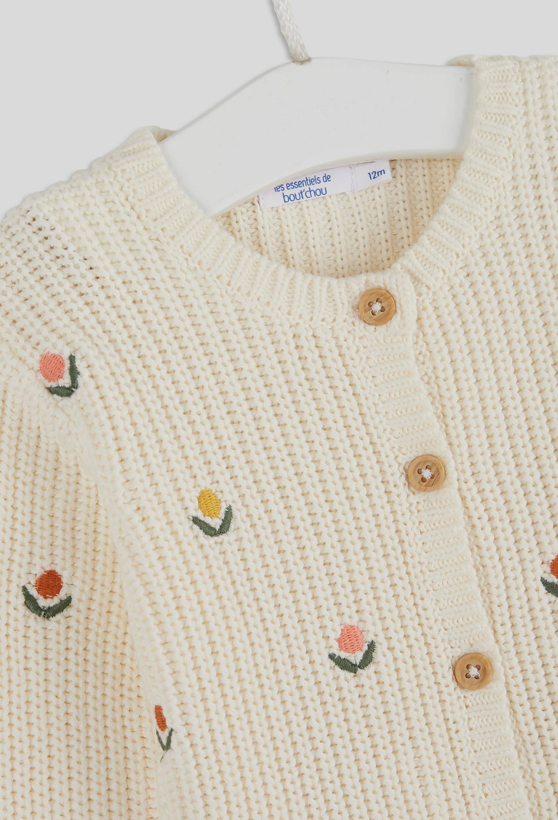 Cardigan broderies fleurs &agrave; boutons col rond manches longues, fille, OEKO-TEX, Beige clair, large image number 2