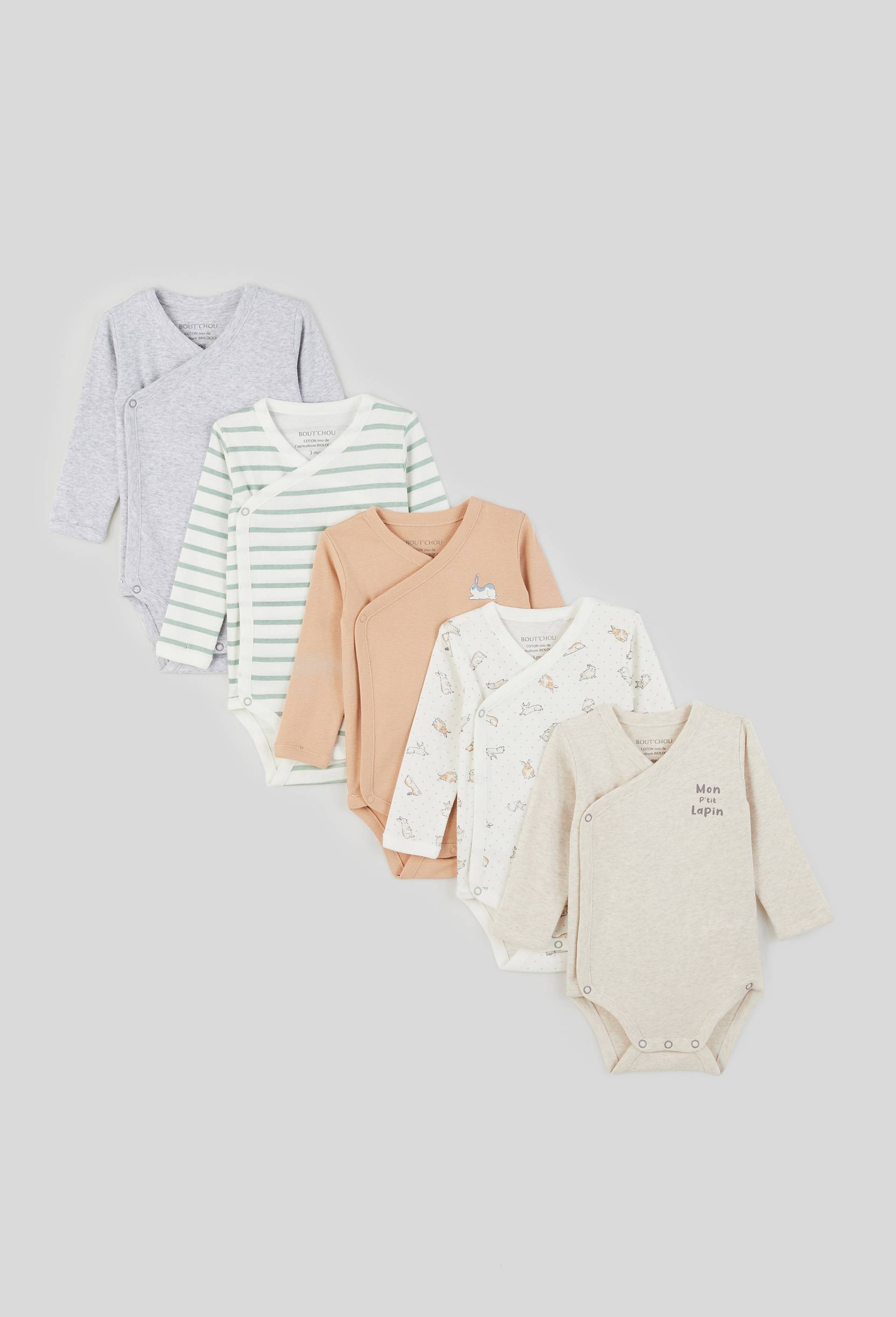 BOUT'CHOU - Lot de 5 bodies croisés manches longues imprimé en coton BIO GOTS