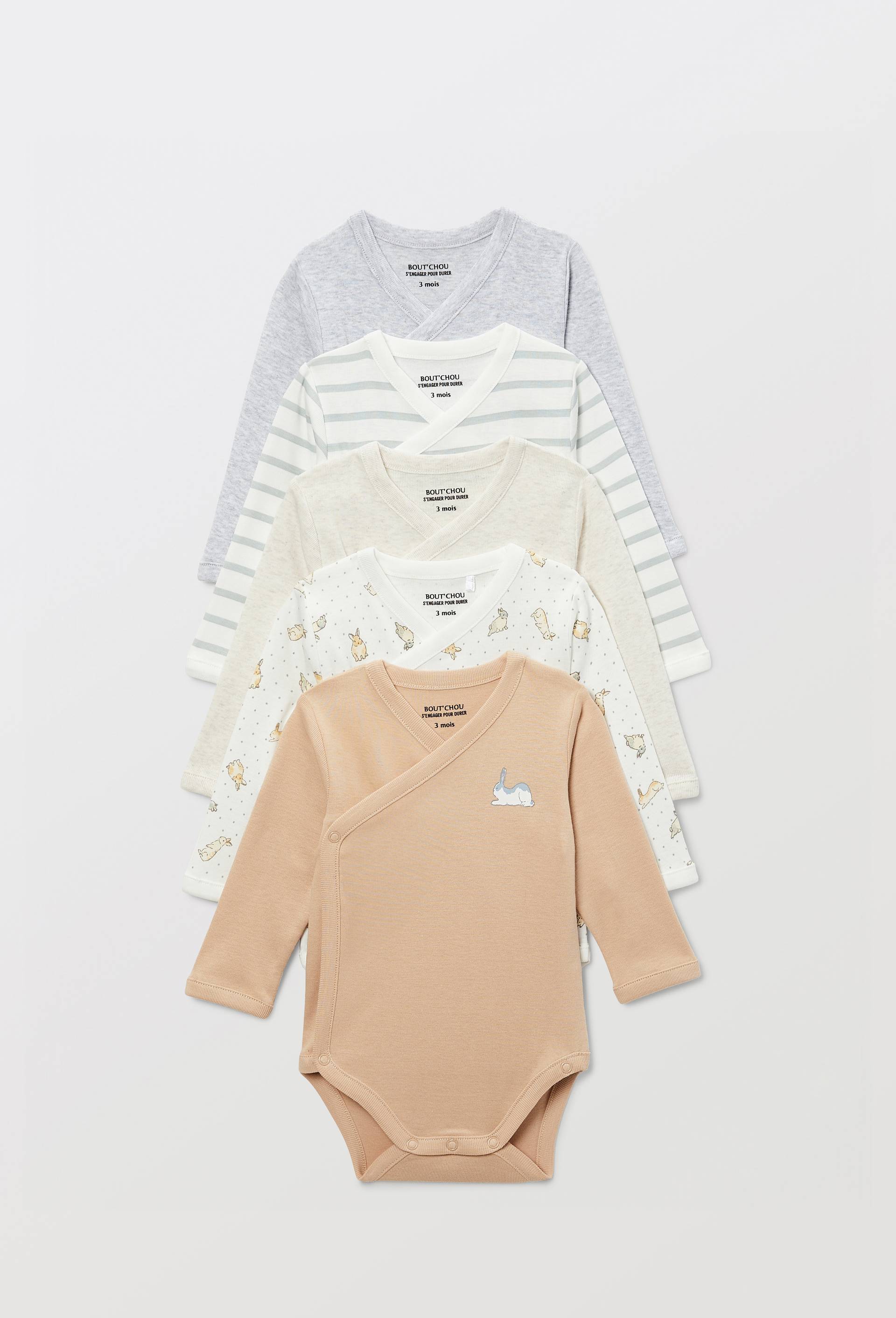Lot de 5 bodies crois&eacute;s manches longues imprim&eacute; en coton BIO GOTS, Ecru, large image number 0