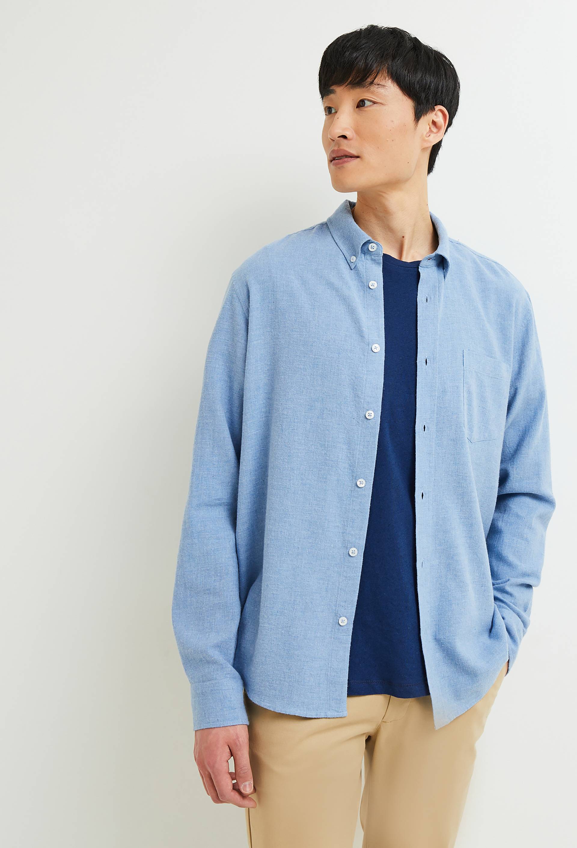 Chemise manches longues en flanelle de coton BIO GOTS, BLEU, swatch image