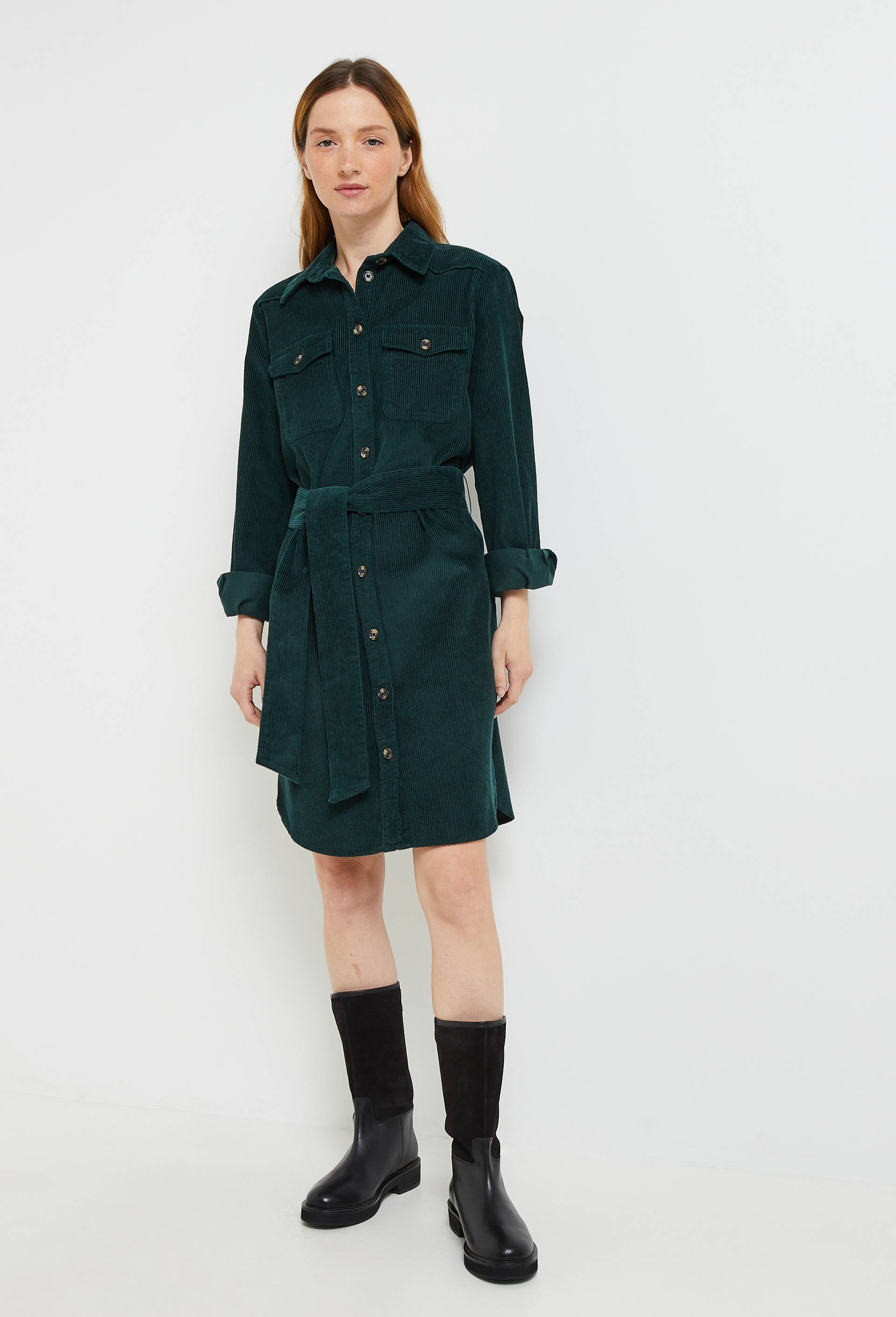 Robe courte en velours côtelé uni en coton BIO GOTS, Vert foncé, swatch image